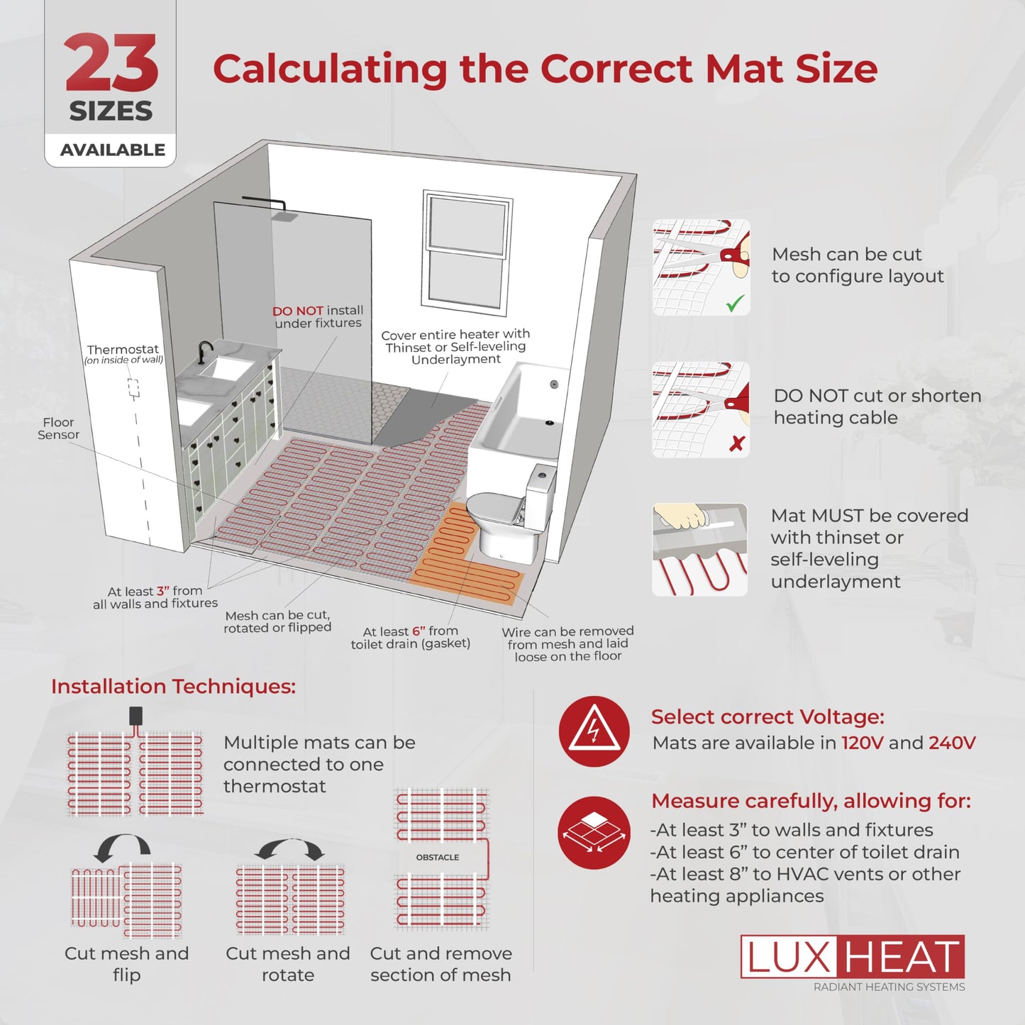 LuxHeat 150sqft Floor Heating Mat Kit - 120v Under Tile Floor Heater Kit for Vinyl - Easy to Install Infloor Heat System - Includes UWG5 WiFi Programmable Thermostat w/GFCI, Alarm & Flooring Sensor