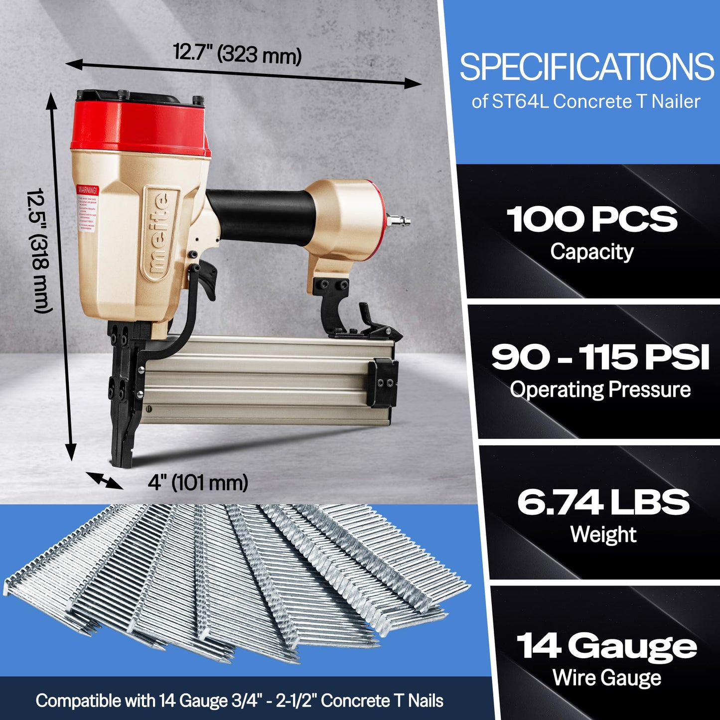 meite ST64L Concrete Nail Gun with 14 Gauge 1-1/4 Inch T Nails, Heavy Duty Pneumatic Concrete T-Nailer Gun for Wood-to-Concrete Projects, 100PCS Magazine
