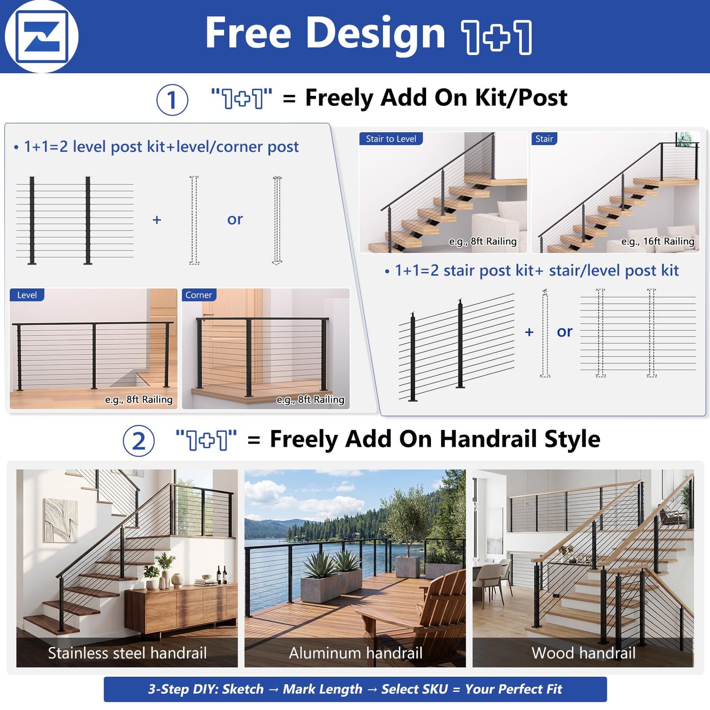 Zylorix 16ft-20ft Modular Cable Railing Post Kit 42" T304 Stainless Steel 5 Level Post Kit, Surface Mount Black Cable Railing System for Decks Length Adjustable Easy DIY, 259ft 1/8" Wire(No Handrail)