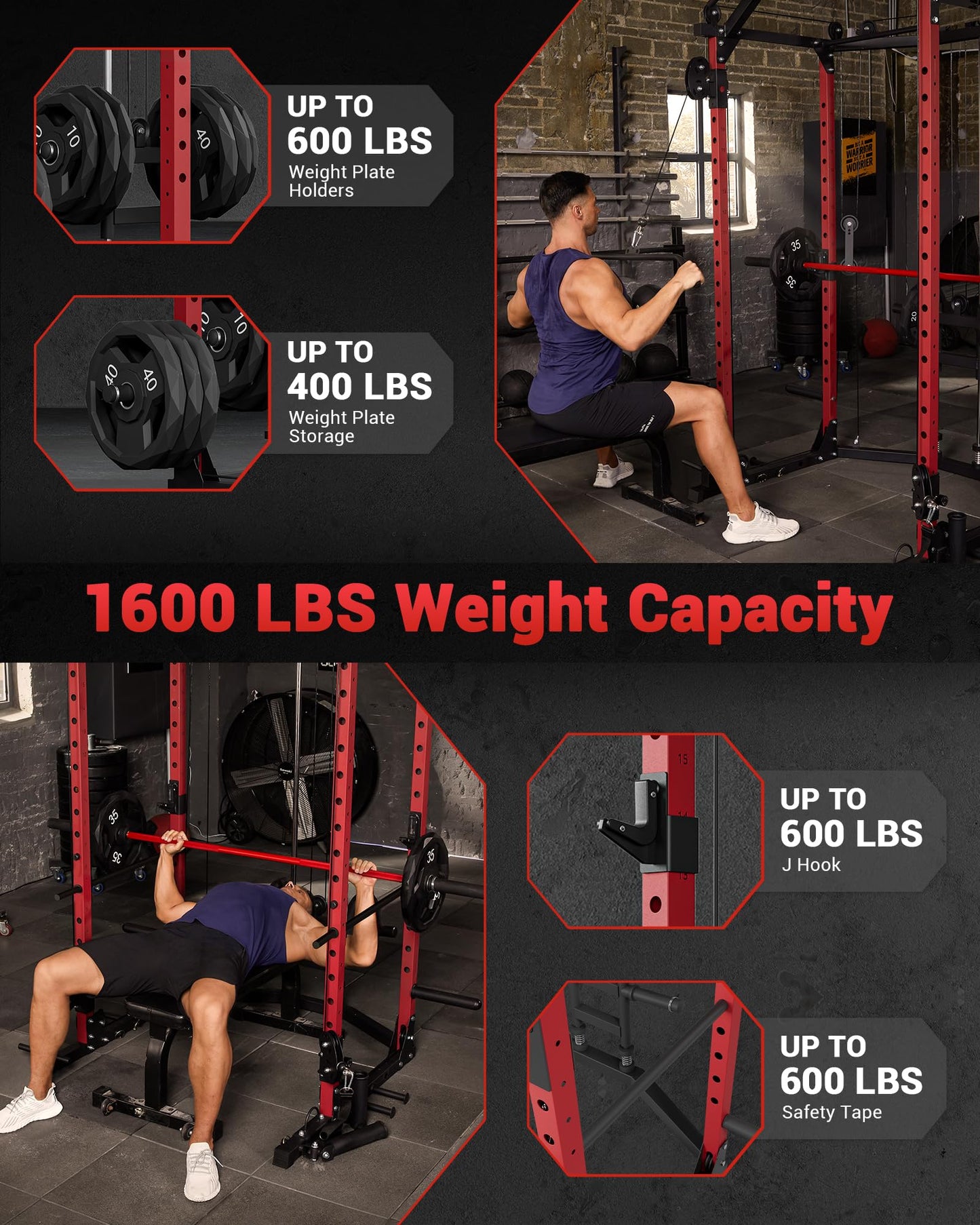 GarveeLife Power Cage, Multi-Functional Power Racks for Home Gym with Cable Crossover System, 1600 LBS Weight Capacity Fitness Squat Rack for Strength Workout with More Training Attachment, Red