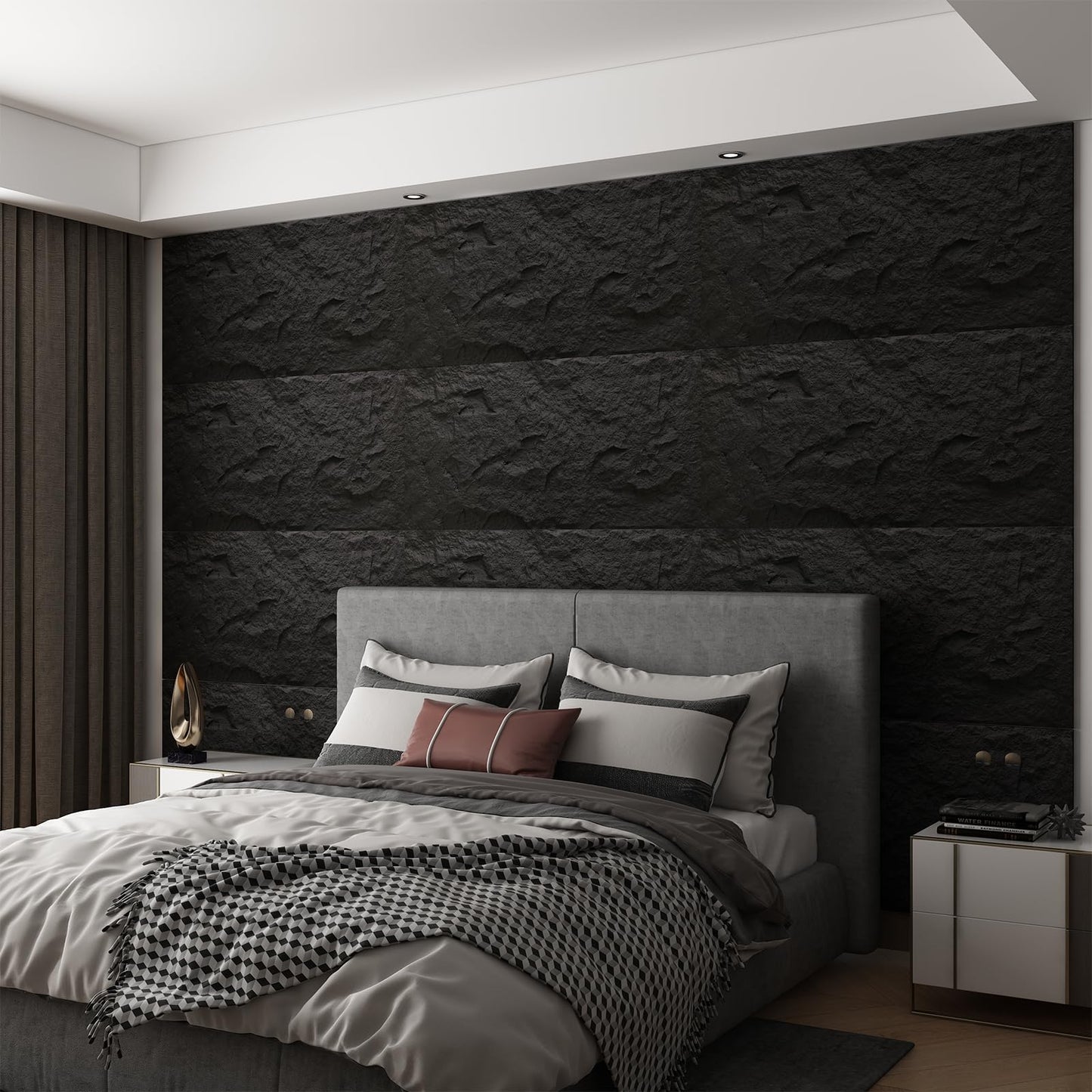 OUZUGIE 4 PCS Faux Stone Wall Panel 47.2’’ x 23.6’’ Interior Exterior Wall Decor 3D PU Panel with Lava Stone Design Black