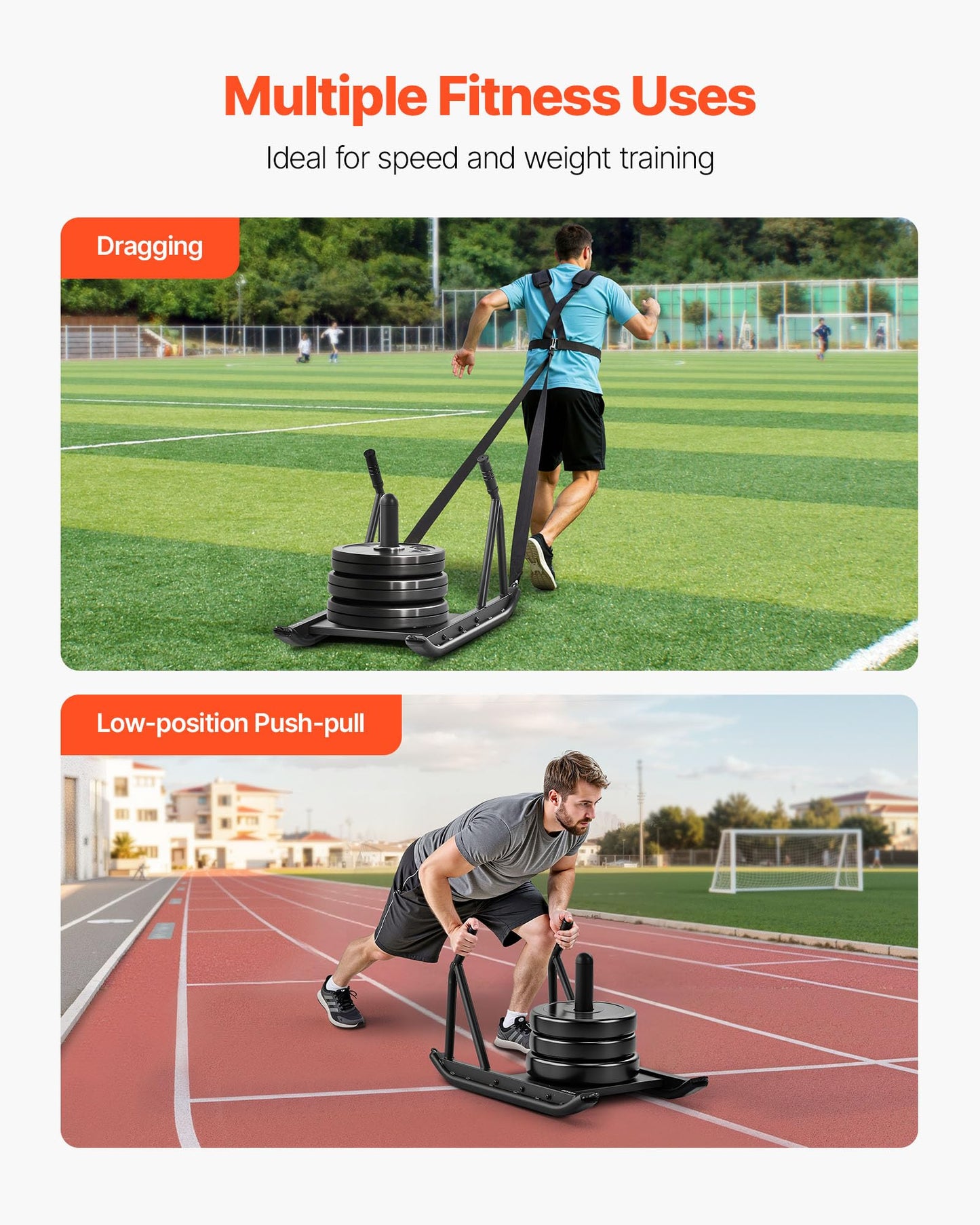 VEVOR Weight Sled, Steel Power Sled, Fitness Strength Training Pull Push Running Sled, Fitness Workout Sled Push Gym Equipment, Speed Improvement, with Handle, Compatible 1/2 in Weight Plates, Black