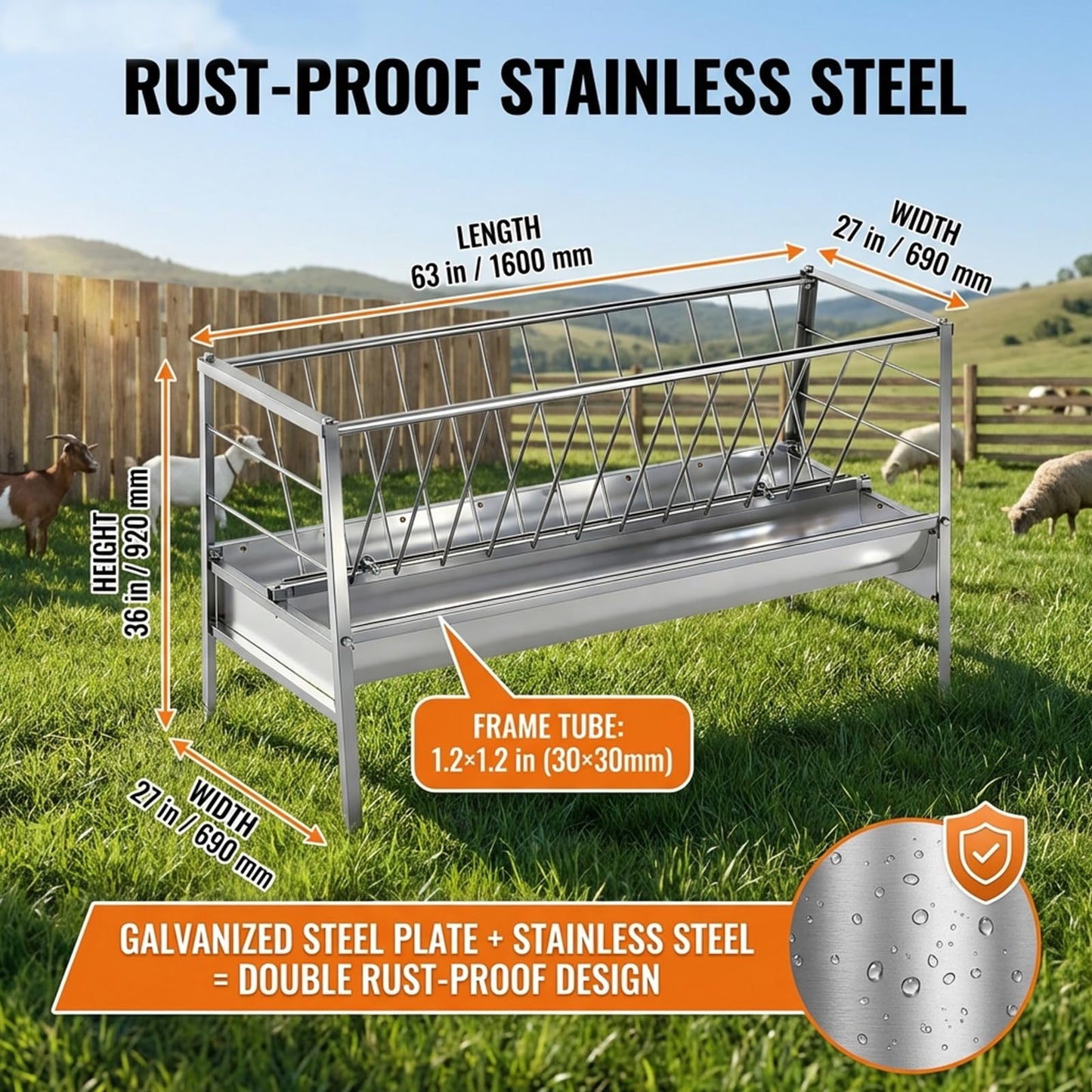 Stainless Steel Goat Sheep Feeder, 94-Gallon Grain|Water|Hay Feeder, 8.0'' Deeper|59" Long Feeding Pan, Livestock Hay Rack for Barn, Pasture, Cow Shed, Courtyard