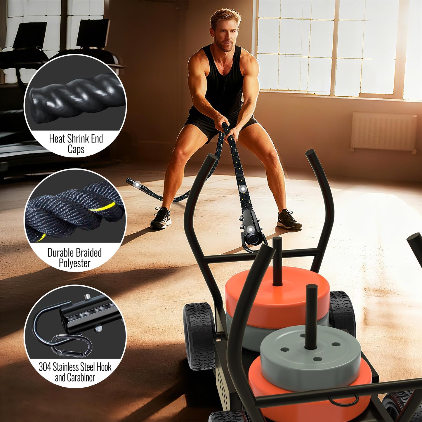 SOHIDAS 15FT Weight Sled Rope Workout Sled Pulling Ropes, Sled Push Gym Equipment Weight Sled Pull Rope for Training Tire Pulling Workout Fitness Resistance Football Exercise Equipment for Men Women