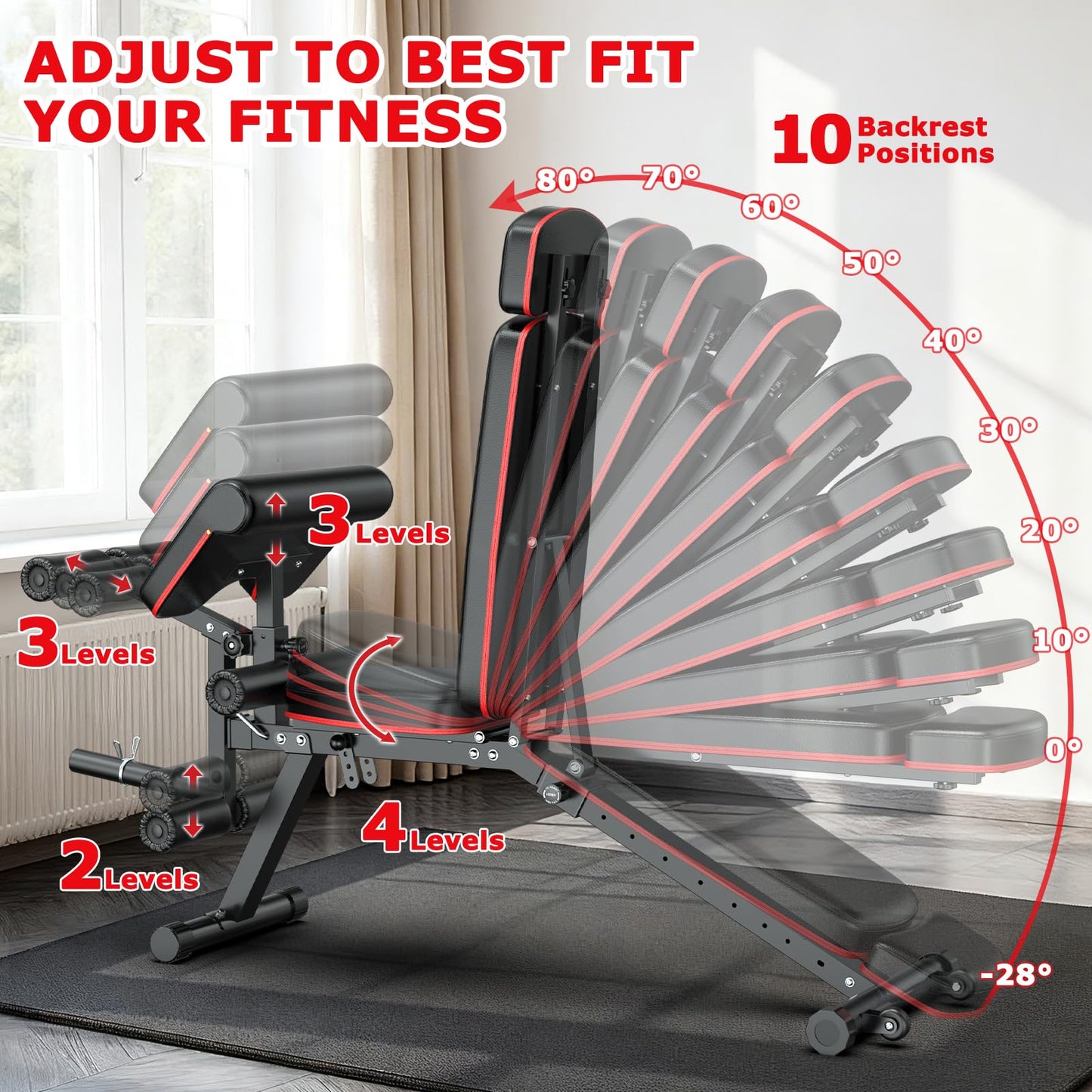 XDDIAS Workout Bench, Weight Bench with Leg Extension and Leg Curl, Preacher Curl Bench with Extended Headrest, Adjustable Incline Decline Flat Bench for Home Gym, 900LBS