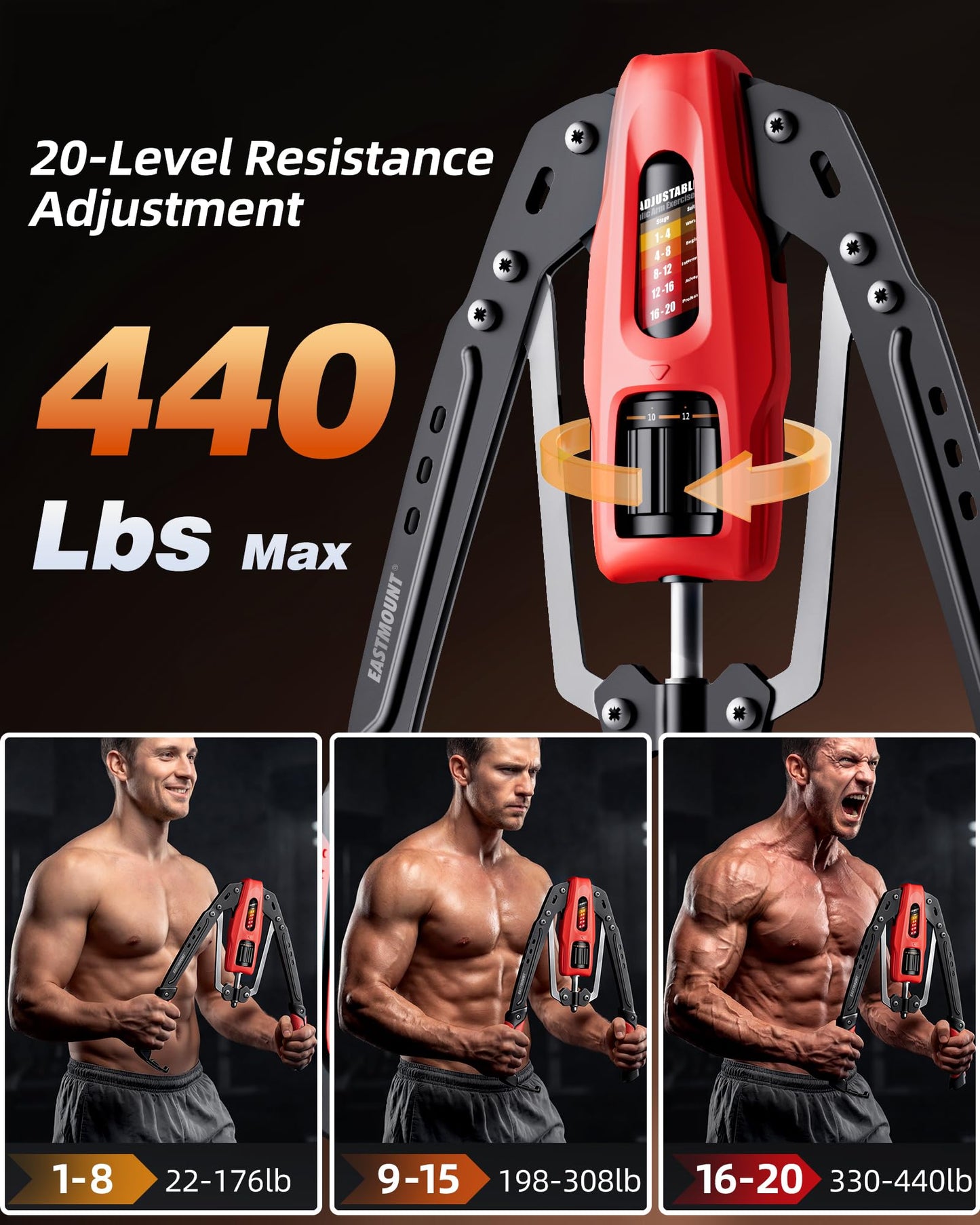 EAST MOUNT Twister Arm Exerciser, Adjustable Hydraulic Resistance 22–440 lbs, Arm Chest & Shoulder Strength Trainer for Home Workouts, Upper Body Muscle Builder, Fitness Training Equipment (Red)