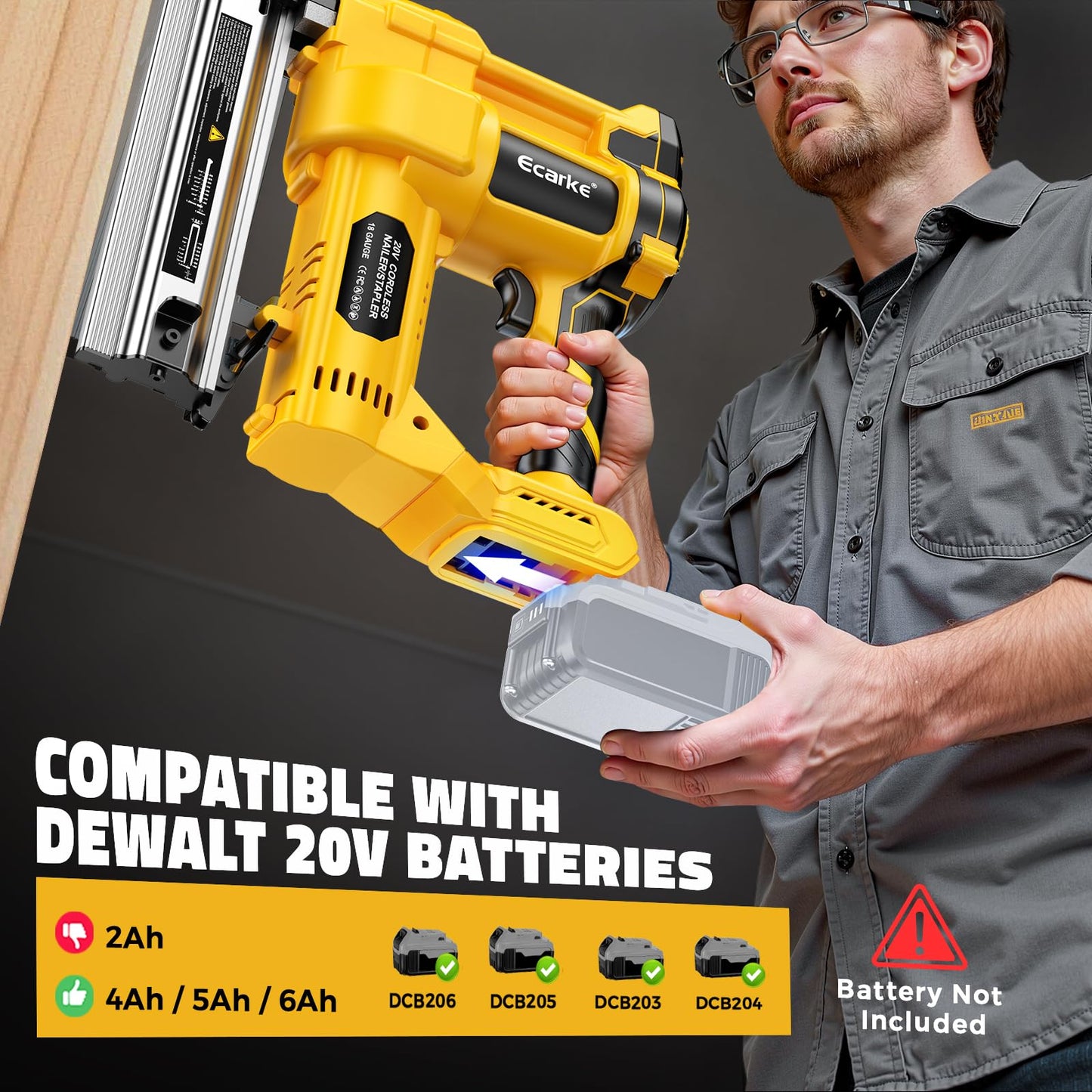 Ecarke Cordless 2" Brad Nailer Compatible with DeWalt 20V Battery(Tool only), 2 in 1 Electric Nail Gun Staple Gun with 18GA Nails, Power Nail Gun for Trim Wood Crafting Home Carpentry, 7.2LBS