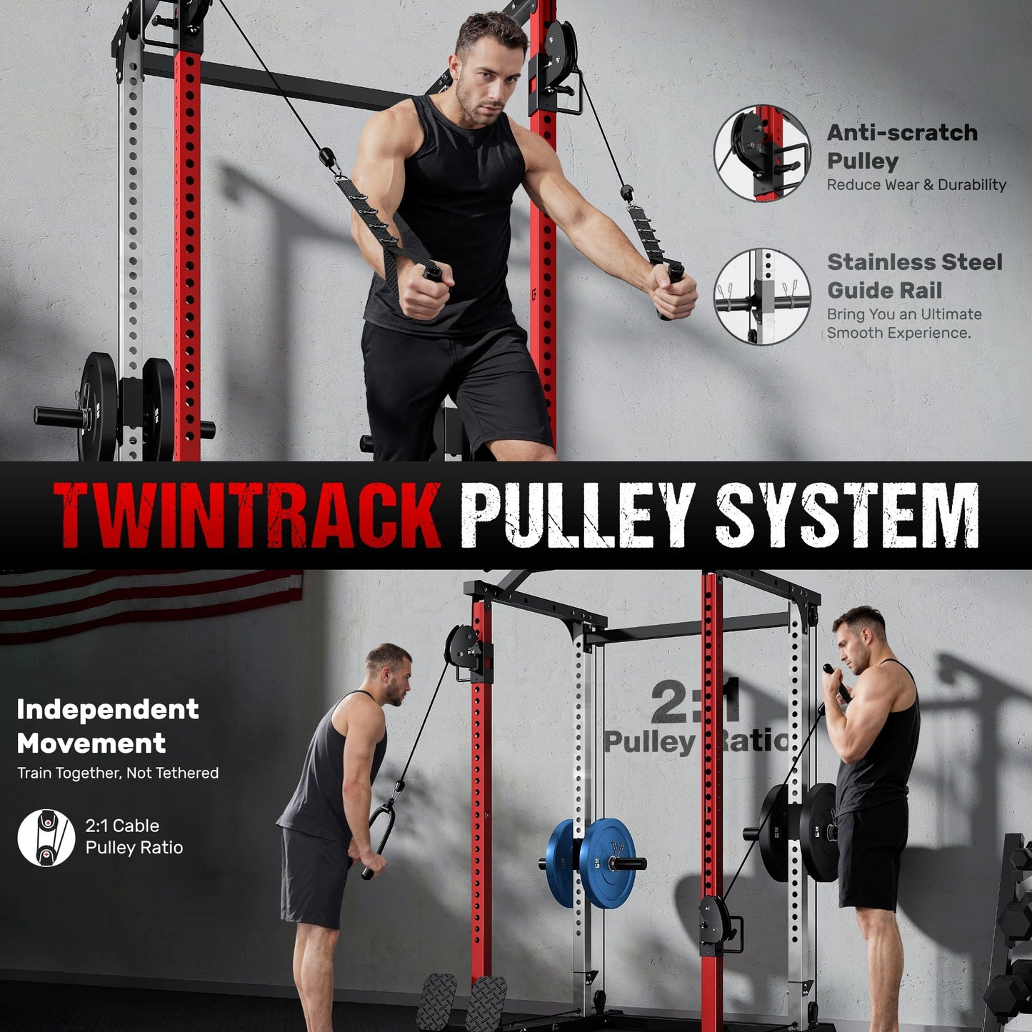 GOIMU DP01 Power Cage, 2000LBS Squat Rack with Cable Crossover and Dual Independent Pulley System, Full Cage for Full Body Training, Power Rack with More Training Attachments for Home Gym (Red)