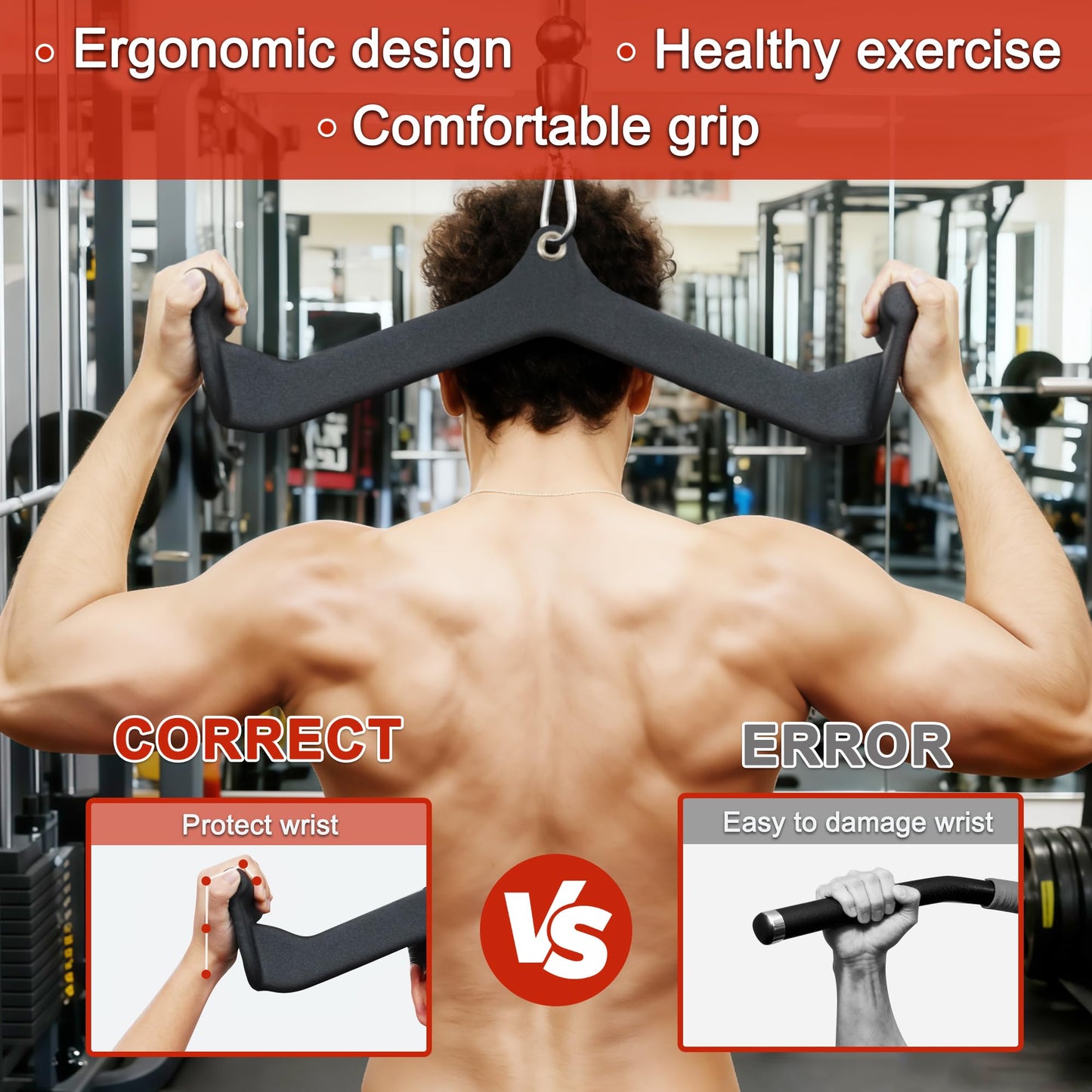 Fitvids LAT Pulldown Attachments, 5 Pieces Cable Machine Rowing Bar Set, Back Bicep Curl Tricep Lat Pull Down Strength Training Handles, Home Gym Fitness Cable Attachments with Non-Slip Rubber Coating