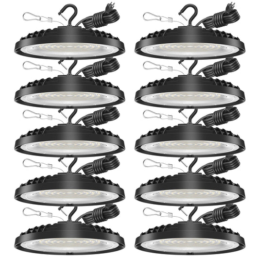 Flakeeper 150W UFO LED High Bay Light, 21,000LM LED Shop Lights Fixture with US Plug 5ft Cable, 5000K, 120VAC, Plug & Play Lighting for Warehouses, Workshops, Garages, and Barns – ETL Listed, 10 Pack