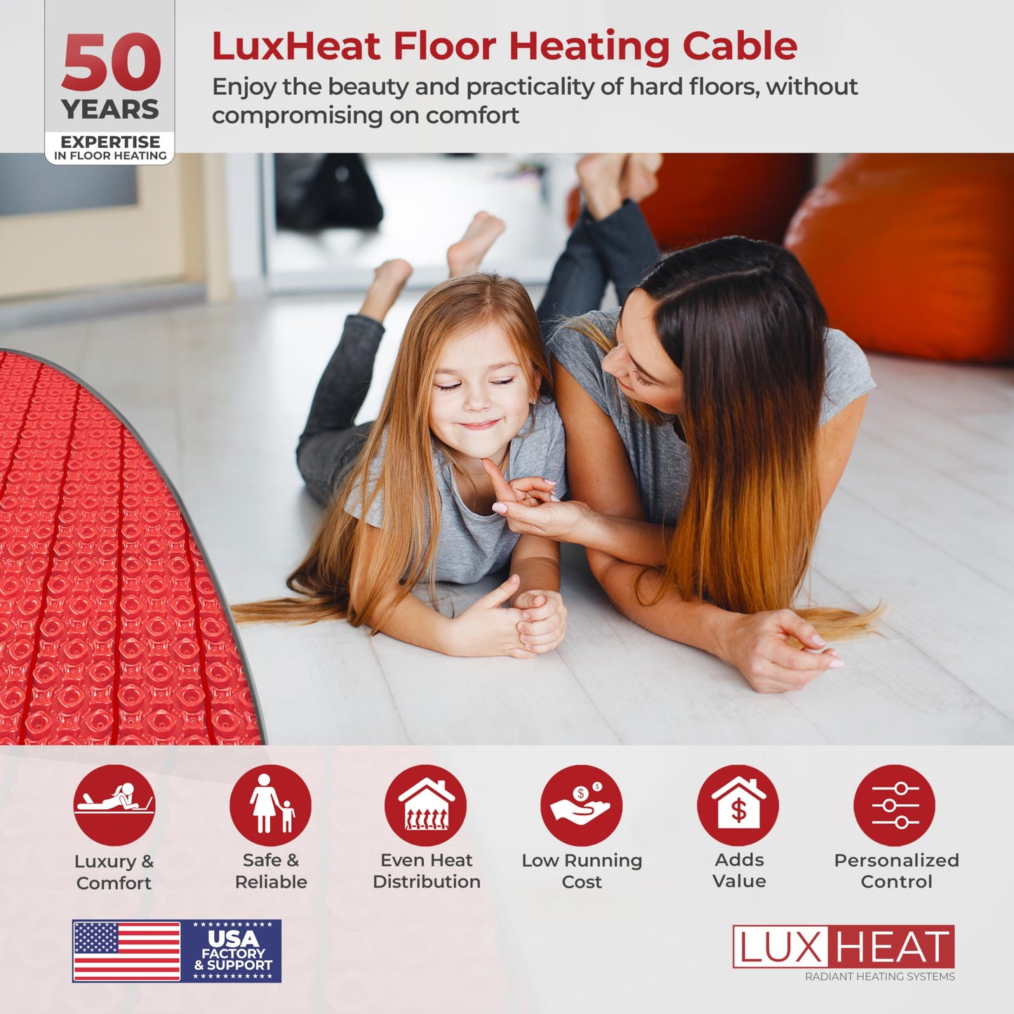 LuxHeat 10sqft Electric Radiant Floor Heating System - 120v In Floor Heating System for Tile - Includes UWG5 WiFi Programmable Thermostat w/GFCI, Tile Uncoupling Membrane, Heater Cable, Sensor & Alarm