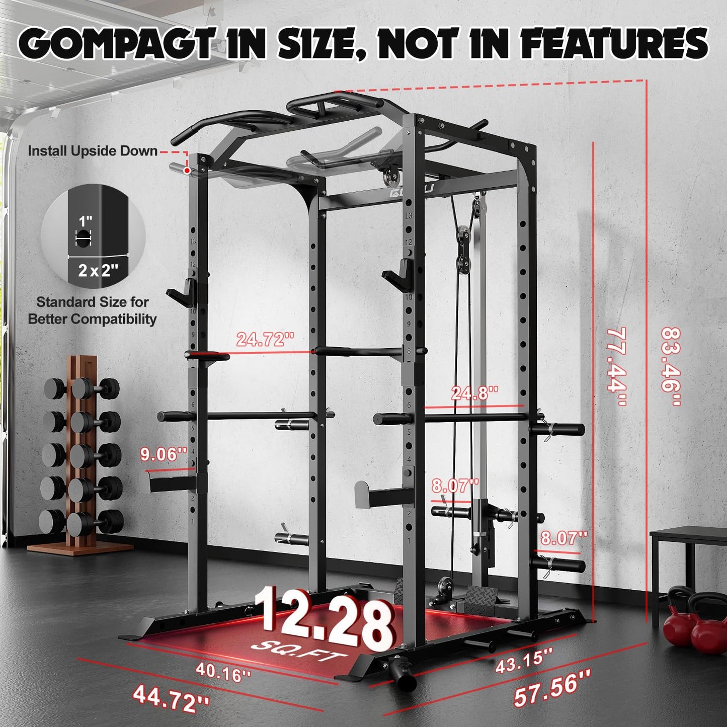 Goimu C1-V4 Power Cage, 2000LBS Squat Rack with LAT Pulldown, Multi-Function Weight Cage Strength Training Machine, Workout Cage with More Attachments for Home Gym Garage (BK C1-V4)