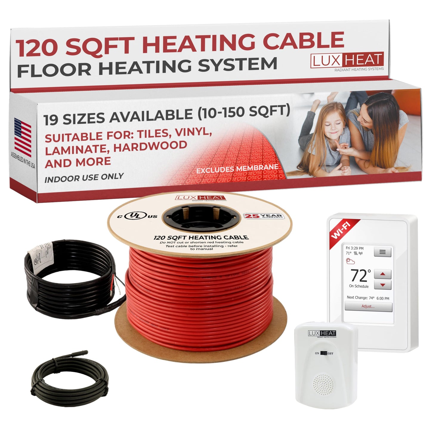 LuxHeat 120sqft Floor Heating Cable Kit - 120v Electric Radiant Heated Tile Floor Kit - Heated Flooring System Includes UWG4 WiFi Programmable Thermostat w/GFCI, Heating Cable, Alarm & Flooring Sensor