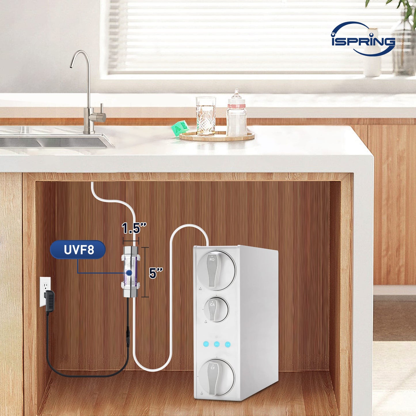 iSpring RO500AK-BN+UVF8 Tankless Reverse Osmosis Water Filtration System with Natural pH Alkaline Remineralization and LED UVF8 Light, 500 GPD RO System, Brushed Nickel Faucet, 2:1 Pure to Drain Ratio