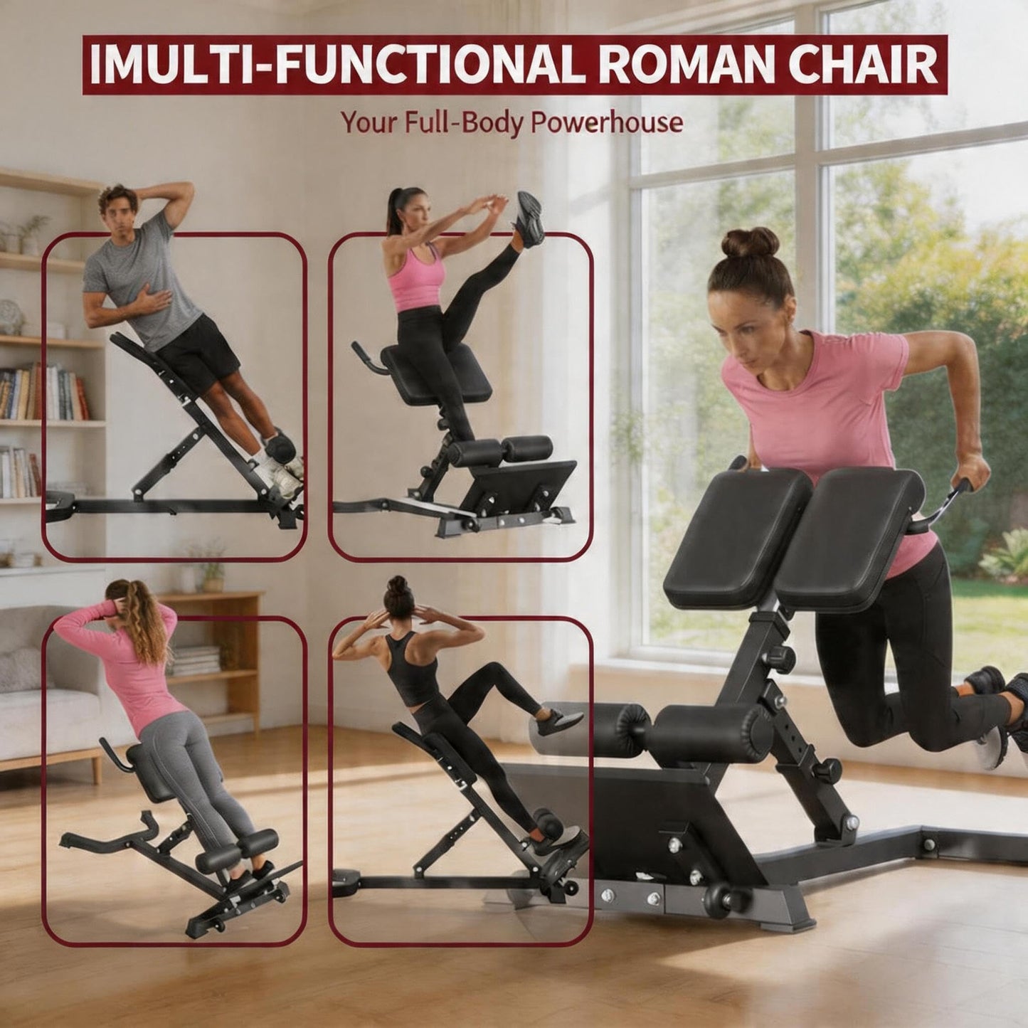 6 Height & 5 Angle Adjustable Roman Chair Hyperextension Bench - Multi-Function Back Extension Machine for Glutes, Hamstrings & Core - Foldable with Transport Wheels for Home Gym