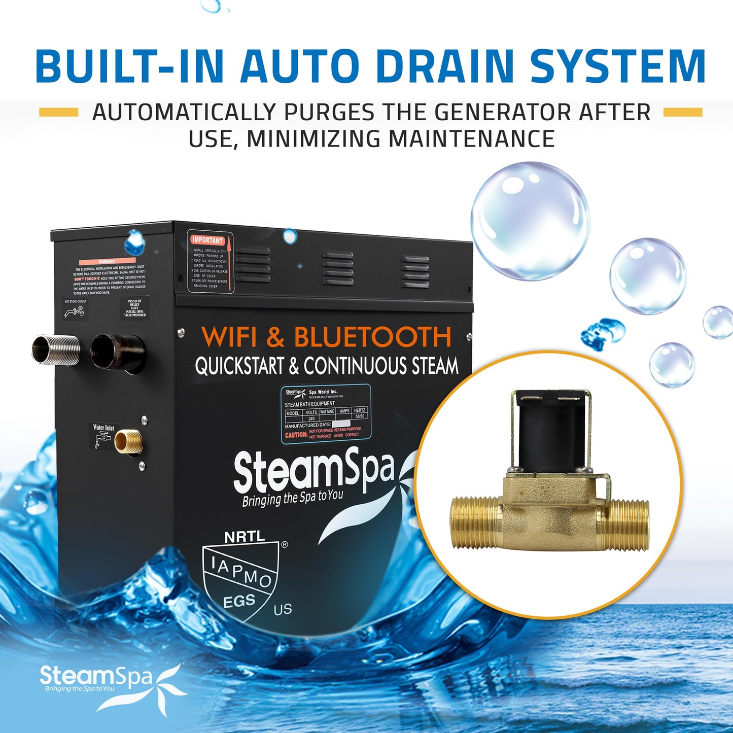 SteamSpa Steam System 12kW Steam Shower Generator with Bluetooth Wifi, Quickstart Continous Steam, Advanced Touch Pad Screen, Chroma Lights, Drain Pan and Auto Drain Gold RVBS1200GD-A