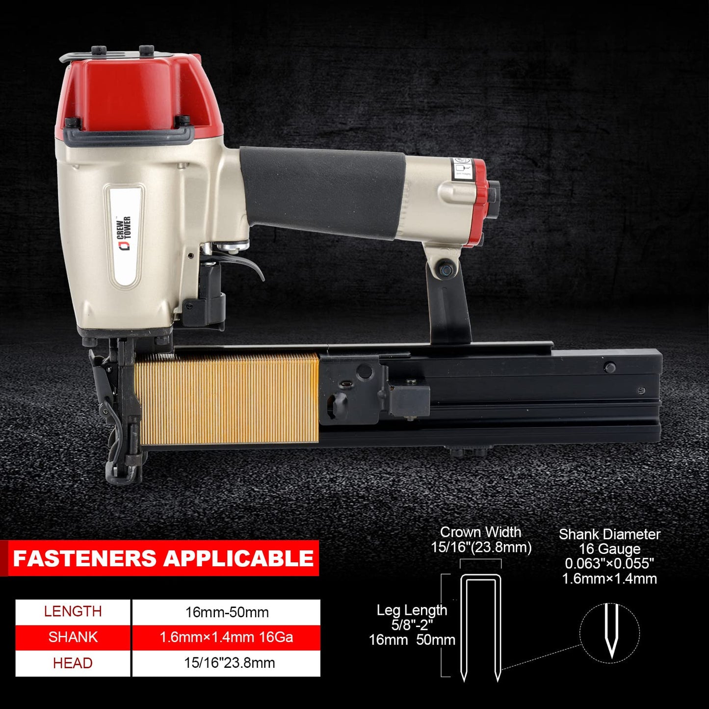 CREWTOWER Construction Stapler, 16 Gauge 15/16-inch Wide Crown, Pneumatic Air Staple Gun for Fence Wire Wood Lathes Slats Furniture Frames Pallets and Finish, Heavy Duty