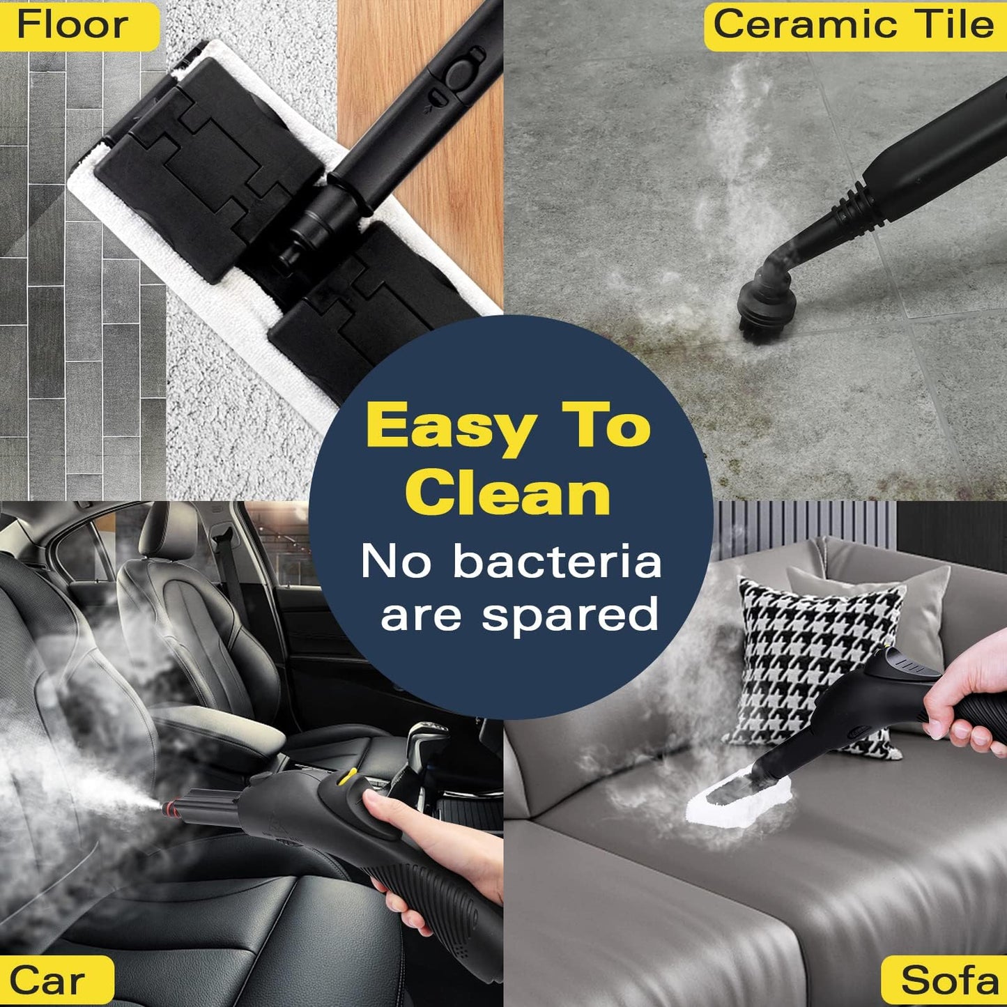 Steam Cleaner, Multipurpose Powerful Steamer with 21 Accessories, 248°F High-Temperature Steam for Floors, Grout, Tiles, Carpet, Cars - Portable 1.08L Tank, Child Lock, Chemical-Free Cleaning (Yellow)