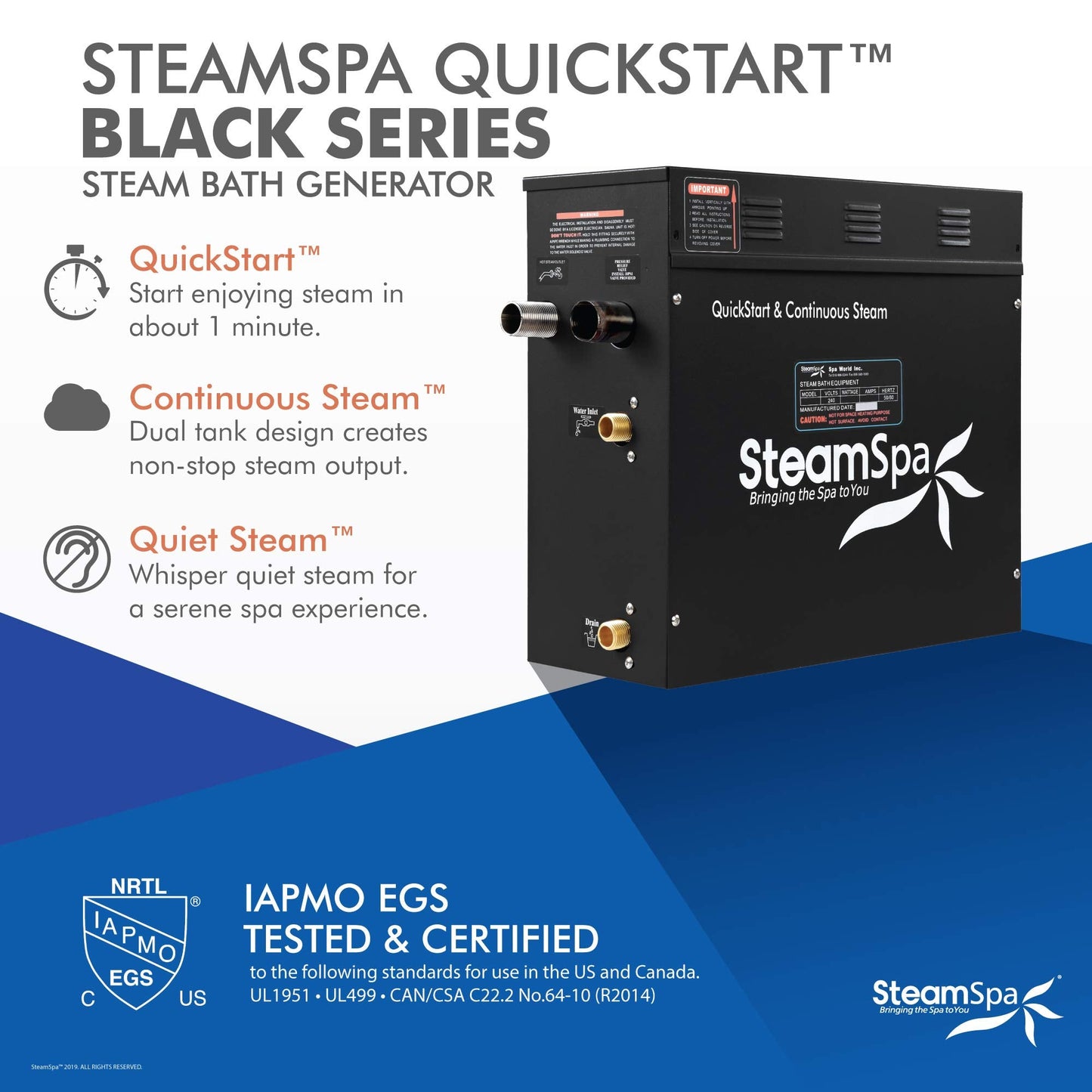 SteamSpa Generator with Quick Start Continuous Steam Technology, Wi-Fi, Bluetooth and Autodrain | 7.5kW Steam Generator with Black Steam Head with Aromatherapy Reservoir | RVB750BK-A