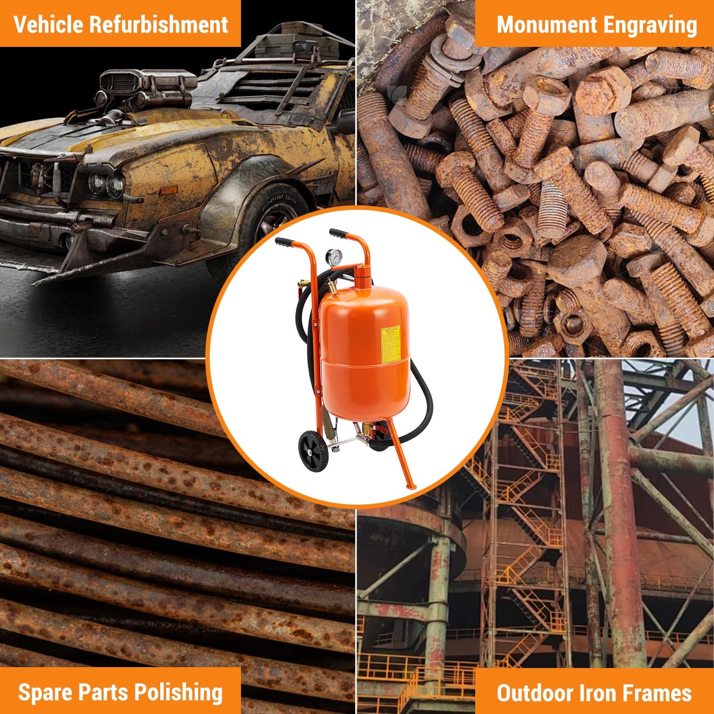 GarveeTech 5 gal Sand Blasting Machine, 60-110 Psi Pressure Air Sand Blasting Kit w/4 Ceramic Nozzles & Oil-Water Separator, Portable Abrasive Blaster for Stain Removal Paint, Orange