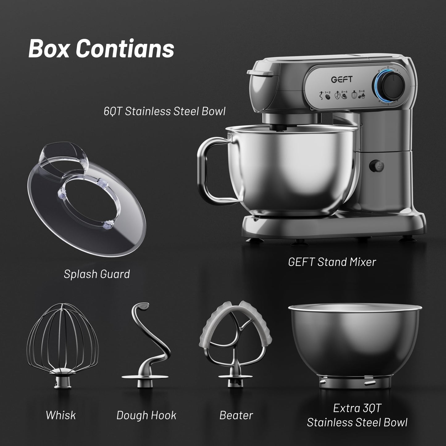 GEFT Stand Mixer, 3.5QT+6QT Two Bowls Kitchen Electric Mixer, 600W 6+P speed Tilt-Head Food Mixer with Stainless Steel Bowl, Dishwasher-Safe Dough Hook, Flat Beater, Wire Whisk, Splash Guard, Grey