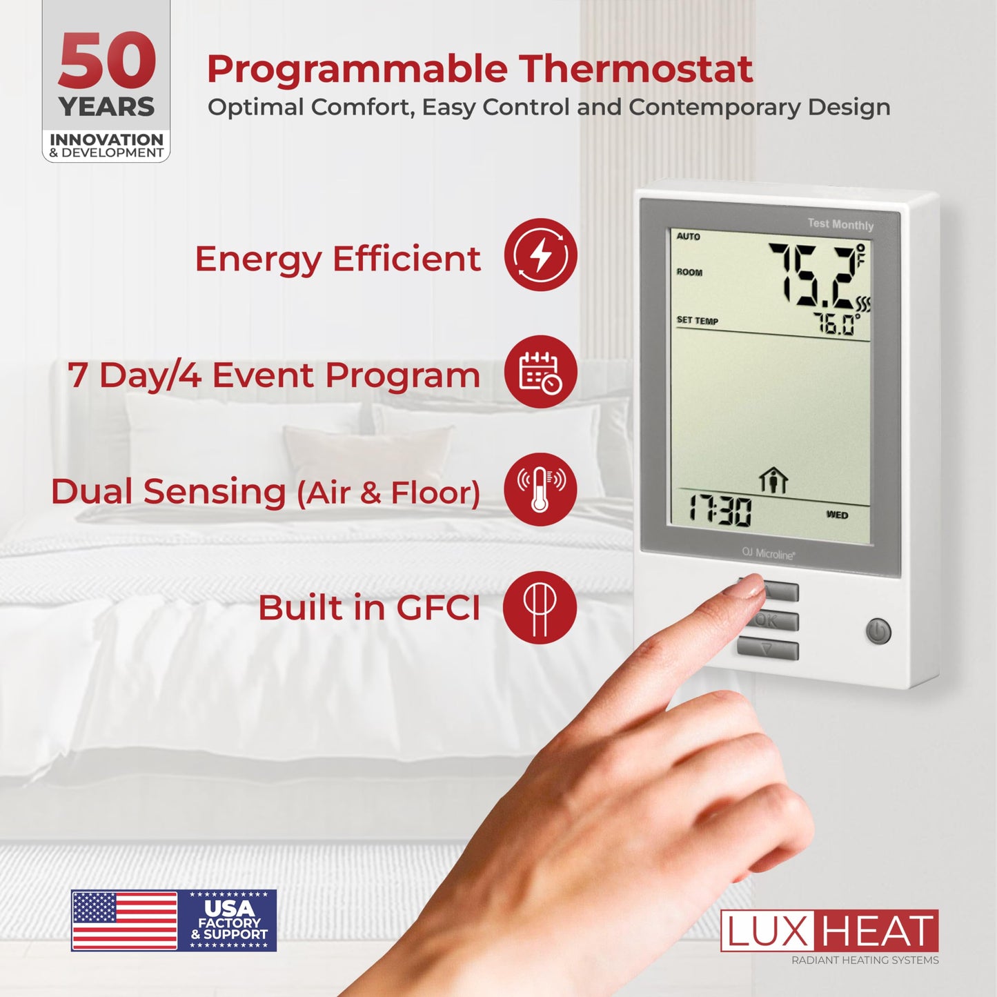 LuxHeat 15sqft Floor Heating Mat Kit – 120v Electric Radiant Heated Flooring System – Floor Heating System Under Tile & Laminate - Includes UDG Programmable Thermostat w/GFCI, Alarm & Sensor