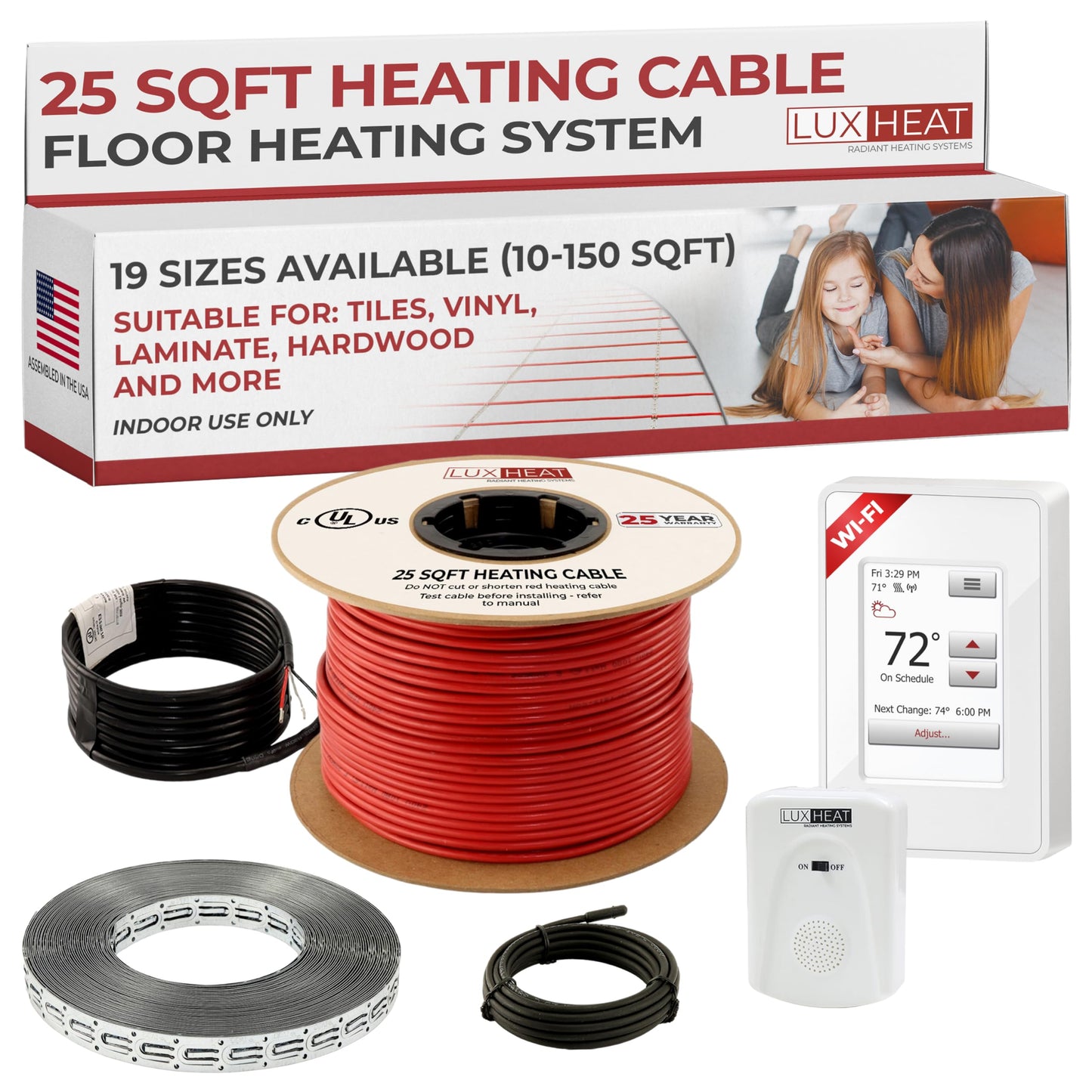 LuxHeat 25sqft Floor Heating Cable Kit - 120v Heated Tile Floor Kit - Heated Flooring System Includes UWG4 WiFi Programmable Thermostat w/GFCI, Electric Heat Cable, Strapping, Flooring Sensor & Alarm