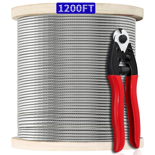 1200FT 1/8" T316 Stainless Steel Cable, 1/8 Inch Wire Rope Aircraft Cable for Deck Cable Railing Kit, 7 x 7 Strands Construction, DIY Balustrades, Come with a Cutter