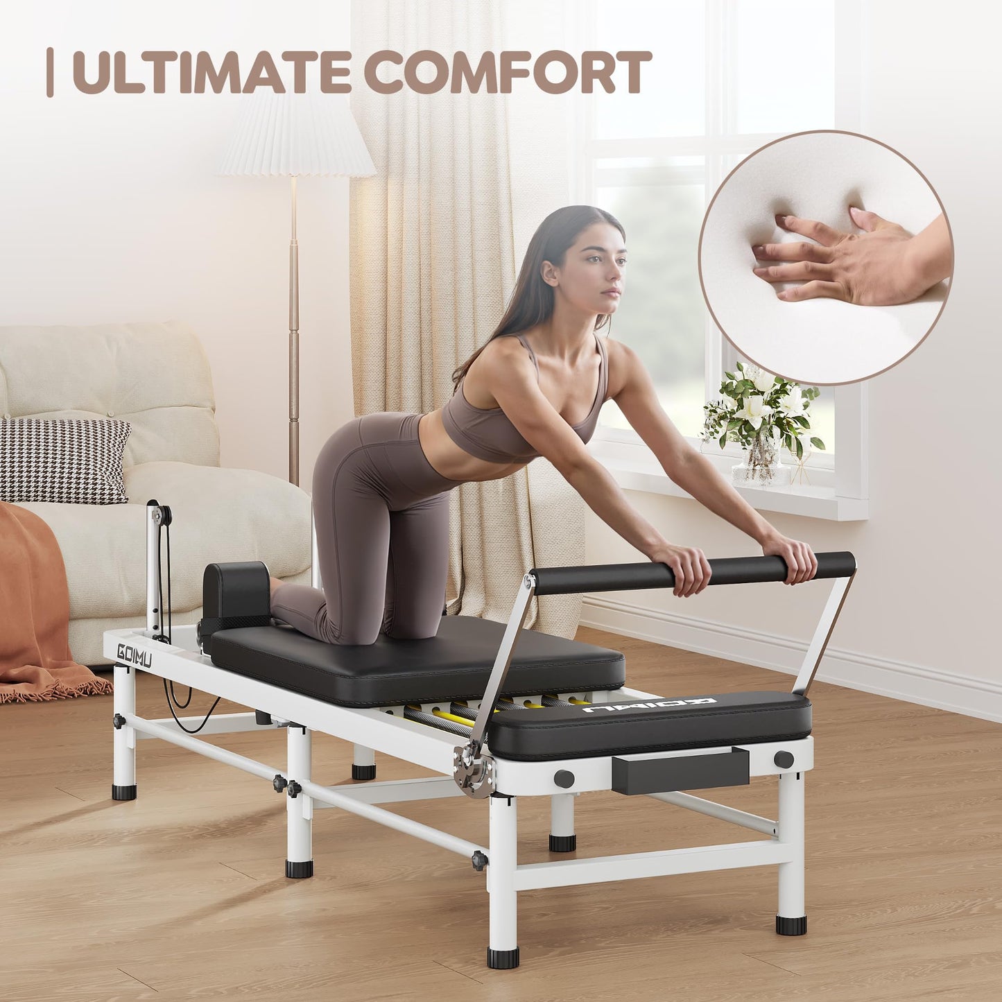 GOIMU Pilates Reformer, 91" Foldable Reformer Pilates Machine with High & Low Mode