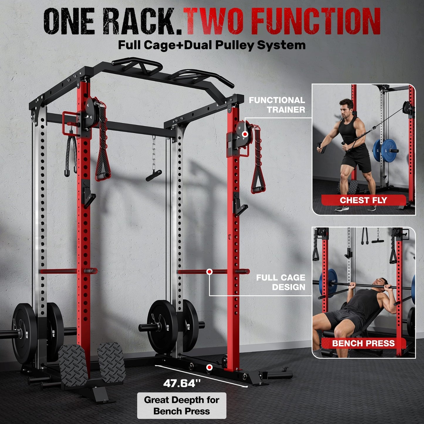 GOIMU DP01 Power Cage, 2000LBS Squat Rack with Cable Crossover and Dual Independent Pulley System, Full Cage for Full Body Training, Power Rack with More Training Attachments for Home Gym (Red)