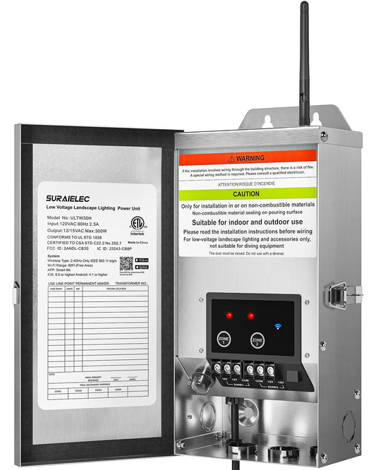 SURAIELEC 300W Wi-Fi Low Voltage Landscape Transformer with 2 Zones, 2.4GHz Smart Outdoor Low Voltage Transformer, Astronomial Timer, 120V to 12V/15V AC, Stainless Steel, ETL Listed