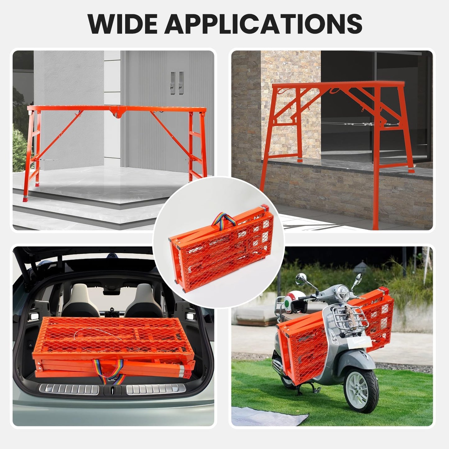 Foldable Scaffolding Platform, 70.8x15.2x36.2-62 Inch Welded Steel Work Platform, 770 Lbs Capacity, Adjustable Height Industrial Step Ladders, Ideal for Painting, Wiring and Home Decor, Red