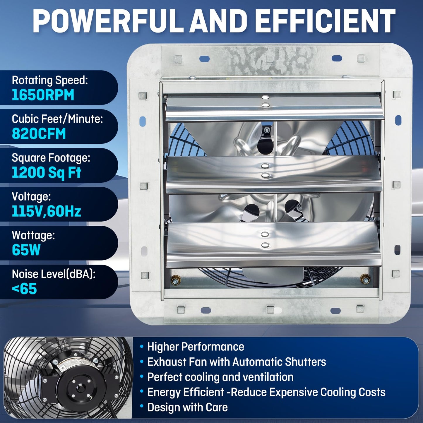 iLiving 10" Wall Mounted Shutter Exhaust Fan, Automatic Shutter, with Thermostat and Variable Speed controller, 65W, 820 CFM, 1200 SQF Coverage Area Silver (ILG8SF10V-ST)