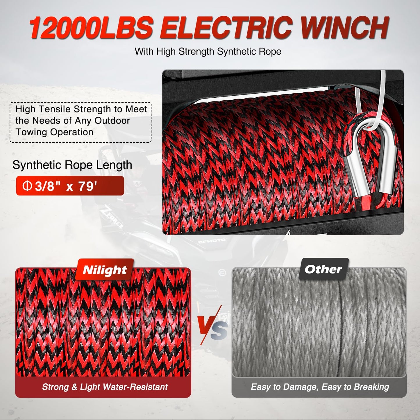 Nilight 12000lbs Electric Winch 12V Waterproof IP68 for Trailer Jeep ATV UTV Truck SUV Towing Portable Winches with Synthetic Rope 3-IN-1 Smart Remote