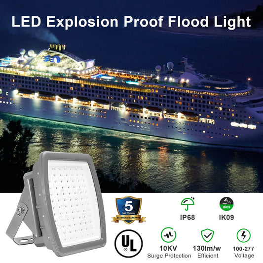 200W Explosion-Proof LED Flood Light, Class I Division 2 UL Listed Hazardous Location Fixture, IP66/IK09 28000LM 5000K Daylight High Bay Industrial Lighting for Oil, Gas, Chemical Plant 100-277V