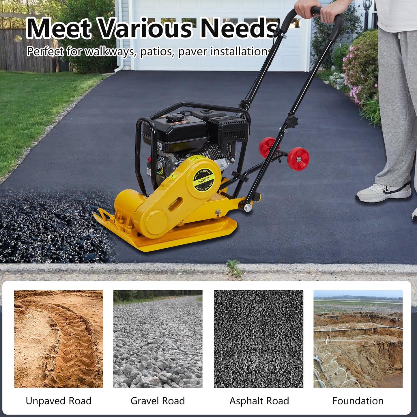 GarveeHome 7HP Plate Compactor Rammer, 212CC Gas Engine, 4200lbs Vibratory Compaction Tamper, 22.1x15.9 in Plate Force Rammer, 5600 VPM Pavement Compactor, Jumping Jack Tamper for Walkways, Paving