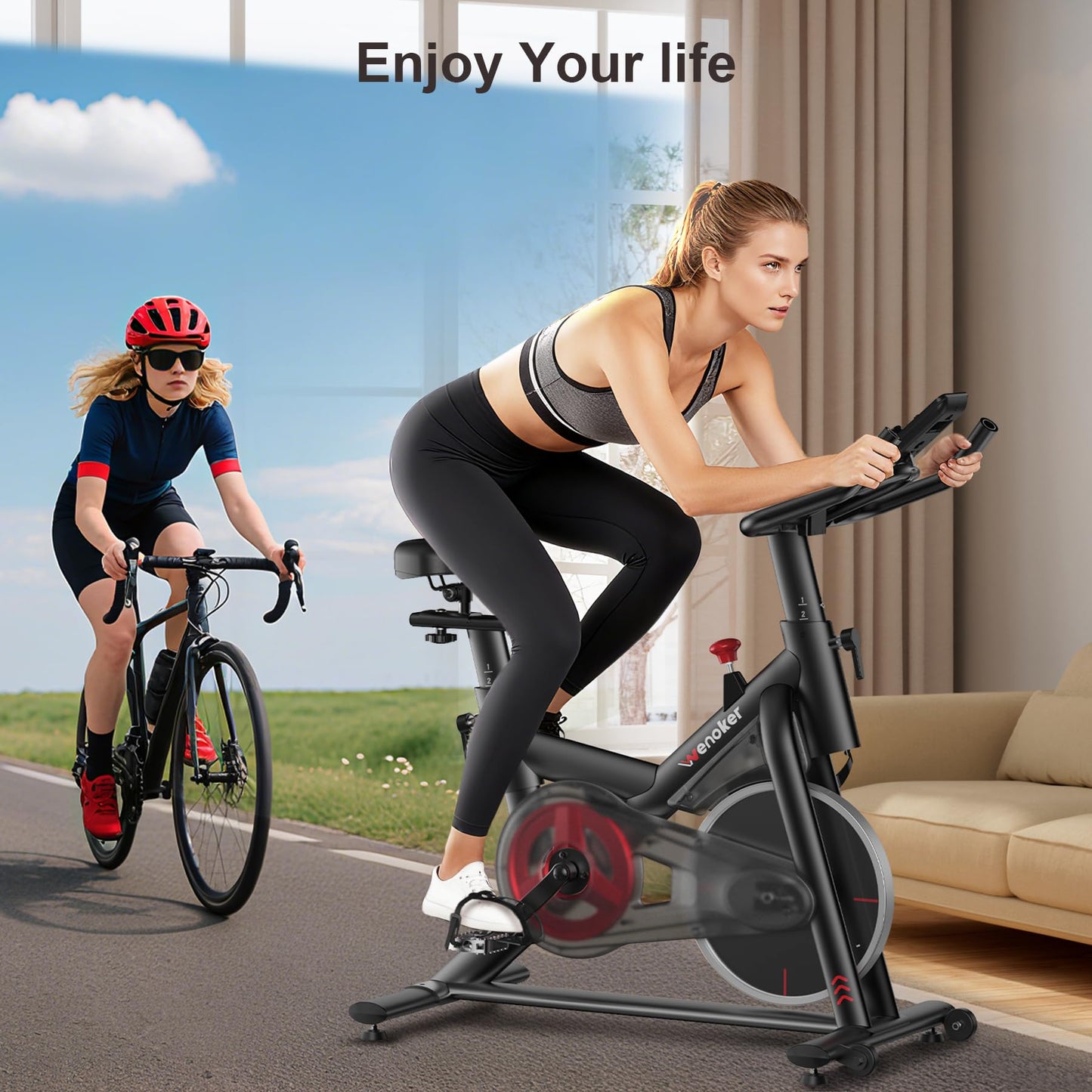 Wenoker Exercise Bike for Home – 350LB Indoor Cycling Bike, Low Noise Stationary Spin Bike with App Sync, Adjustable Seat, LCD Monitor, Smooth & Quiet for Cardio Workout