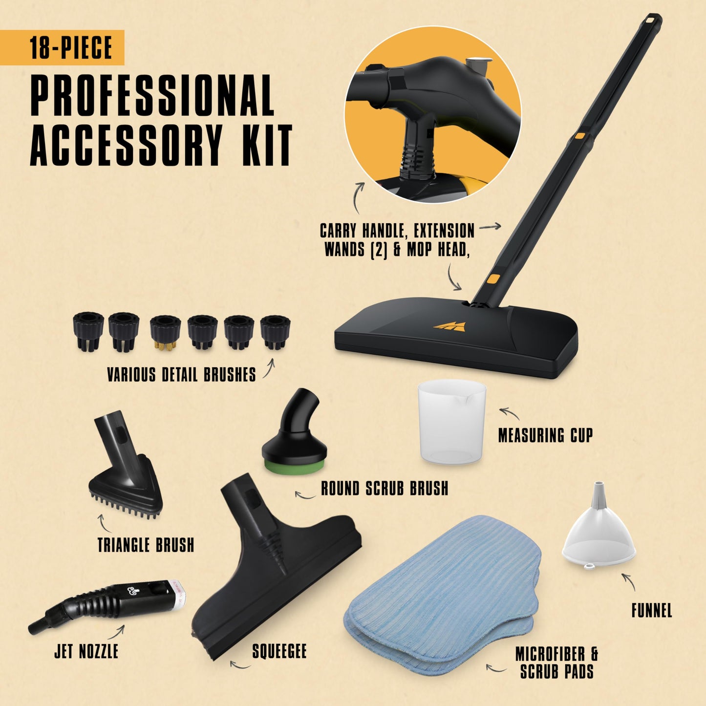 McCulloch MC1275 Heavy-Duty Steam Cleaner, 45 Minute Runtime, 18 Accessories: Mop Head, Brushes, & More - Built for Home, Tile, Grout, Carpet, Furniture, & Personal Car Detailing