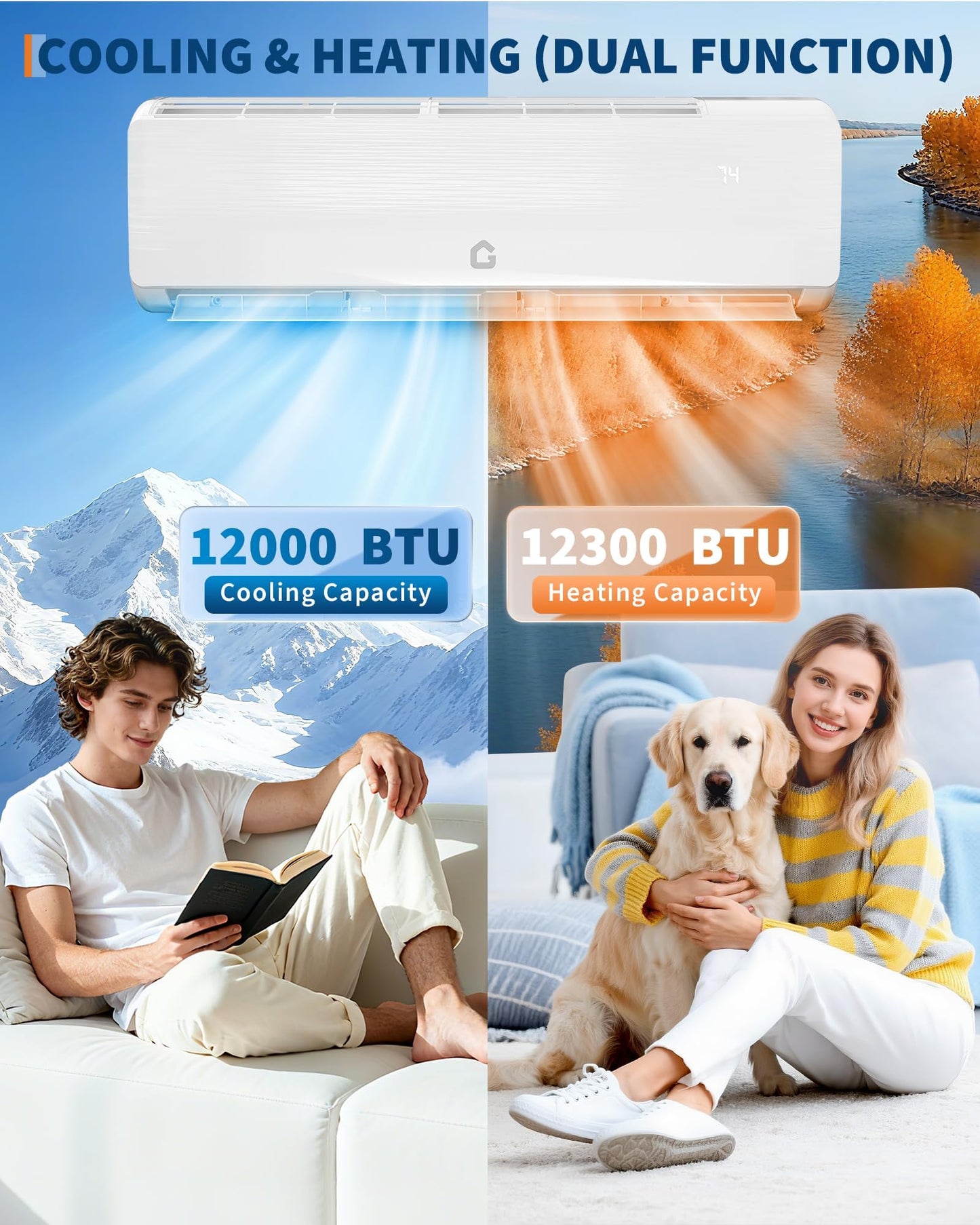 12000 BTU 19 SEER2 Mini Split AC Air Conditioner Heat Pump Inverter, 230V Ductless System, Cools Heats 750 Sq.ft, R32 Series with Installation Kits, White