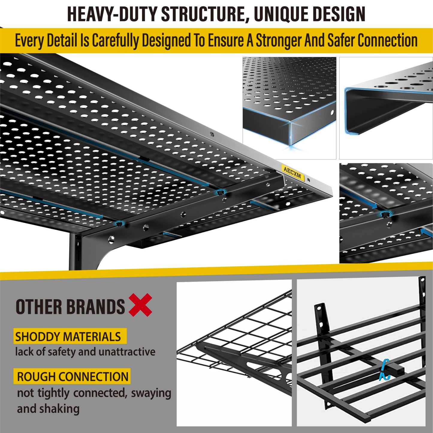 Aecxm 1pack×2 Tier 1.3x4ft Garage Shelving Wall Mounted, 260lbs Load Capacity，15.6x48inch per Shelf Height Cassette Adjustable Floating Shelves, Black