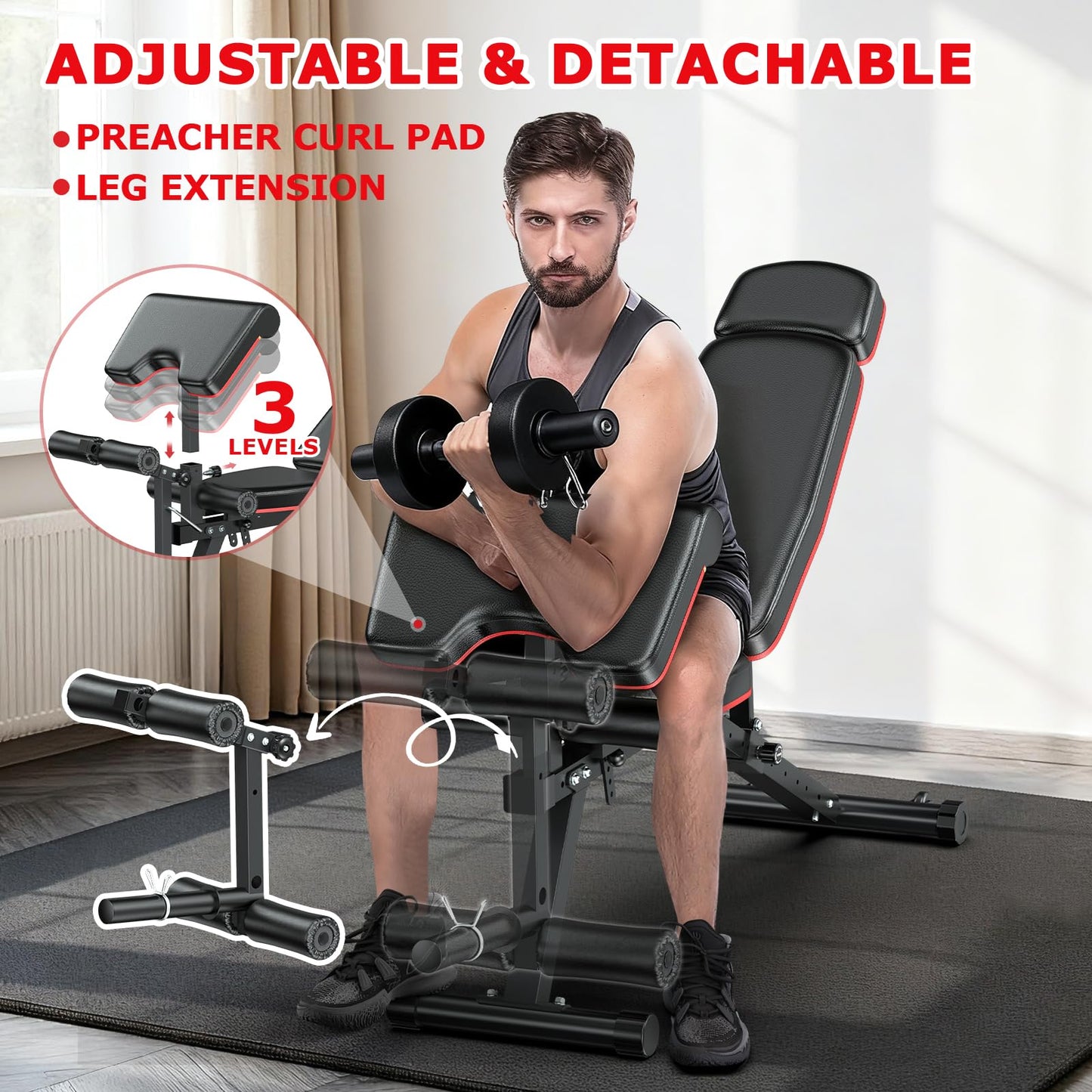 XDDIAS Workout Bench, Weight Bench with Leg Extension and Leg Curl, Preacher Curl Bench with Extended Headrest, Adjustable Incline Decline Flat Bench for Home Gym, 900LBS