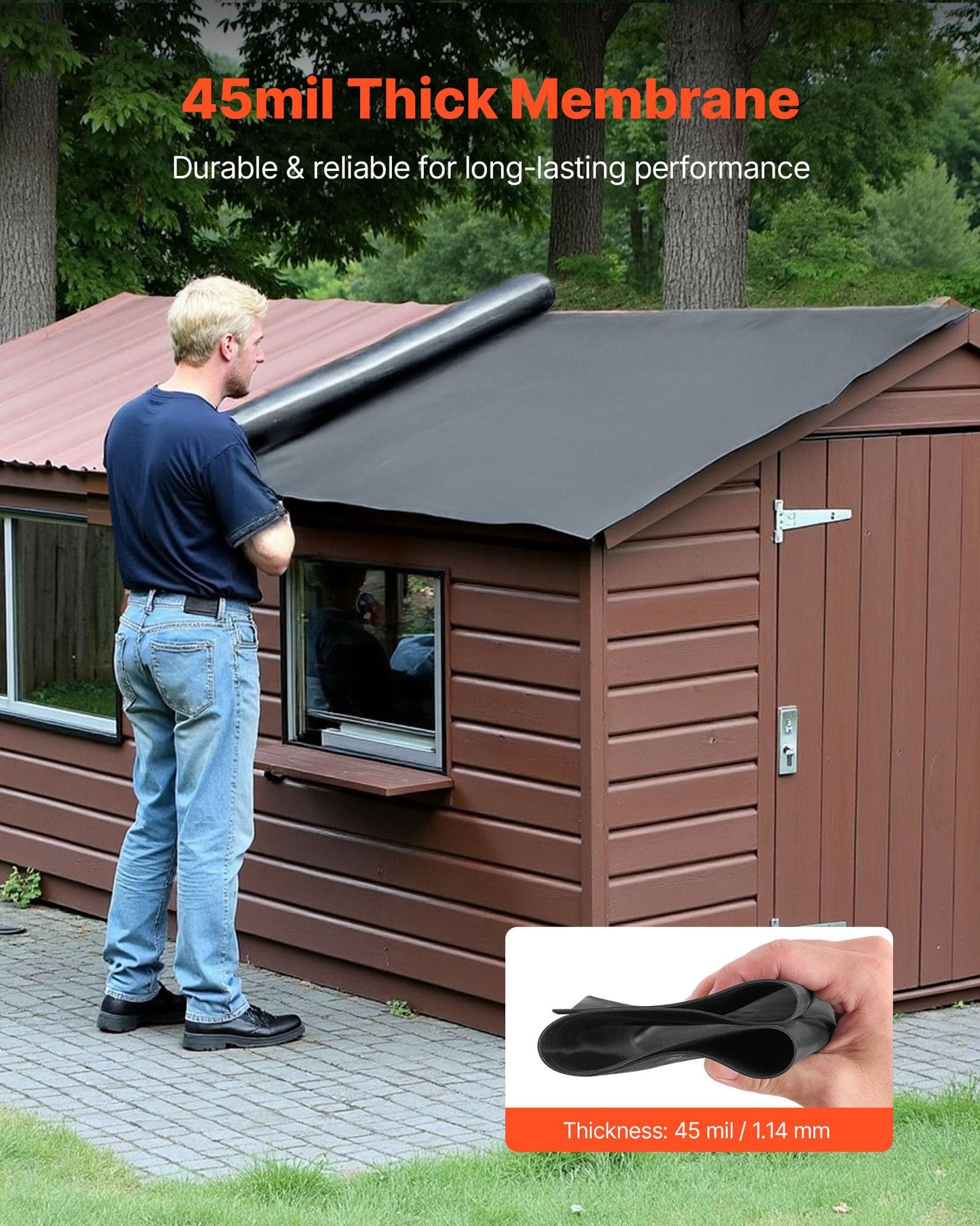 VEVOR Roll Roofing, 10 x 15 ft, 45 mil EPDM Rubber Roofing, Long Lifespan & Weather-Resistant, Withstands Harsh Temperatures, Flexible & Easy Installation, Roof Underlayment for RVs, Roofs, Ponds