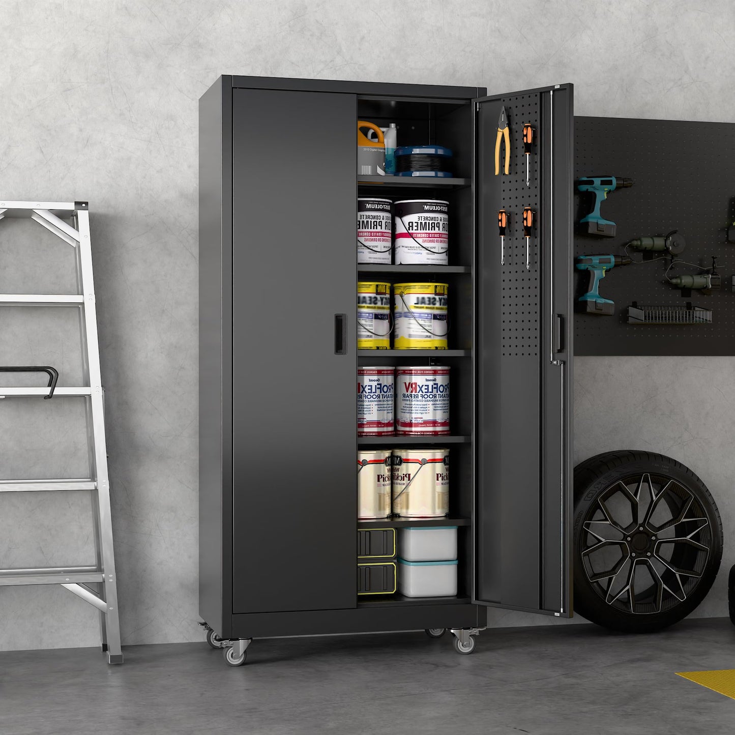 Reemoon Metal Storage Cabinet with Wheels and Pegboard, 71" Tall Garage Storage Cabinet with 5 Adjustable Shelves and Locking Doors, Heavy Duty Steel Utility Cabinet for Office