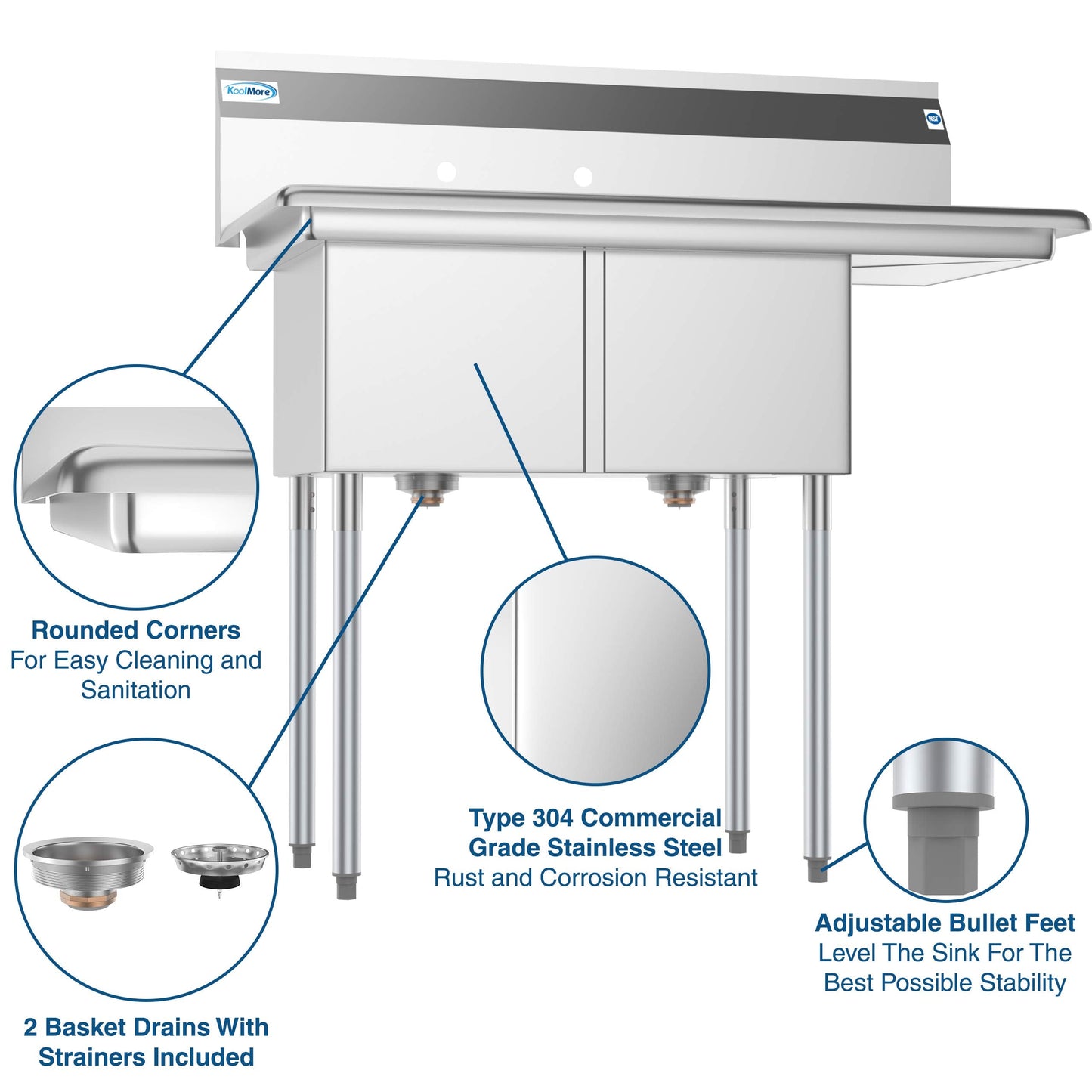 KoolMore 2 Compartment Stainless Steel NSF Commercial Kitchen Prep & Utility Sink with Drainboard - Bowl Size 14" x 16" x 11", Silver