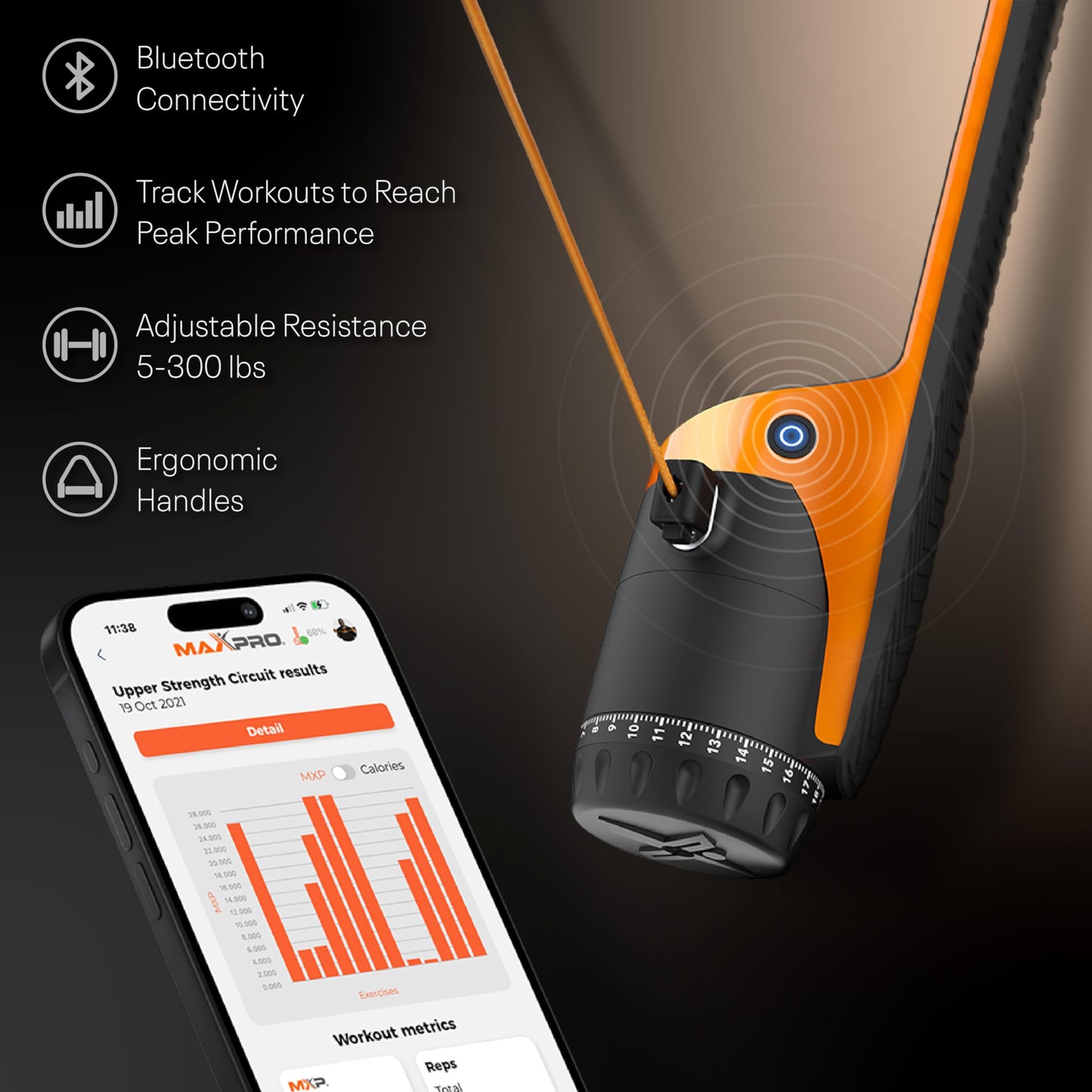 MAXPRO: Portable Smart Cable Gym | As Seen on Shark Tank | All-in-One Machine with Bluetooth and Free APP | Exercise Anywhere - Outdoors, Camping, Travel | 5-300lbs Resistance | Sport Orange