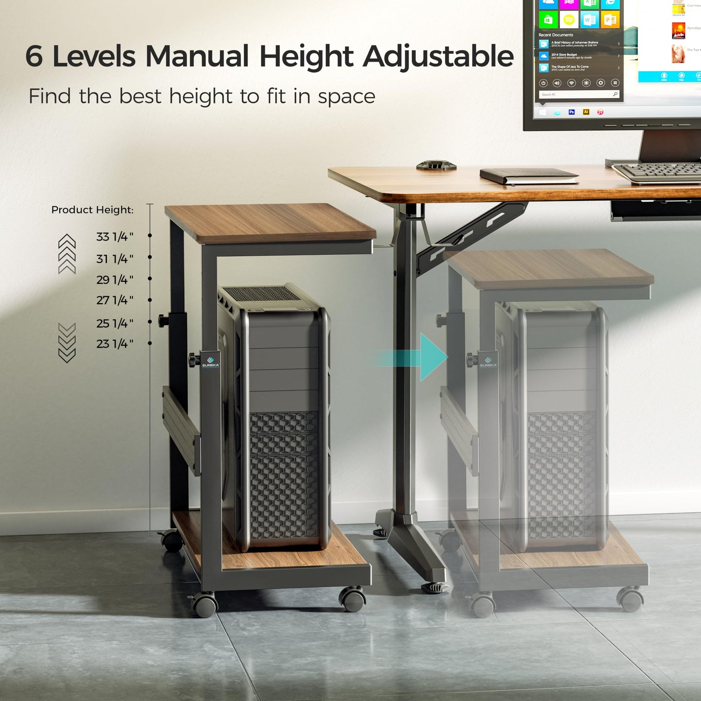 EUREKA ERGONOMIC PC Stand Computer Cart, Height Adjustable Tower Stand 2-Tier Suit for ATX Case Printer, Metal Rolling Cart on Wheels for Gaming Home Office, Walnut