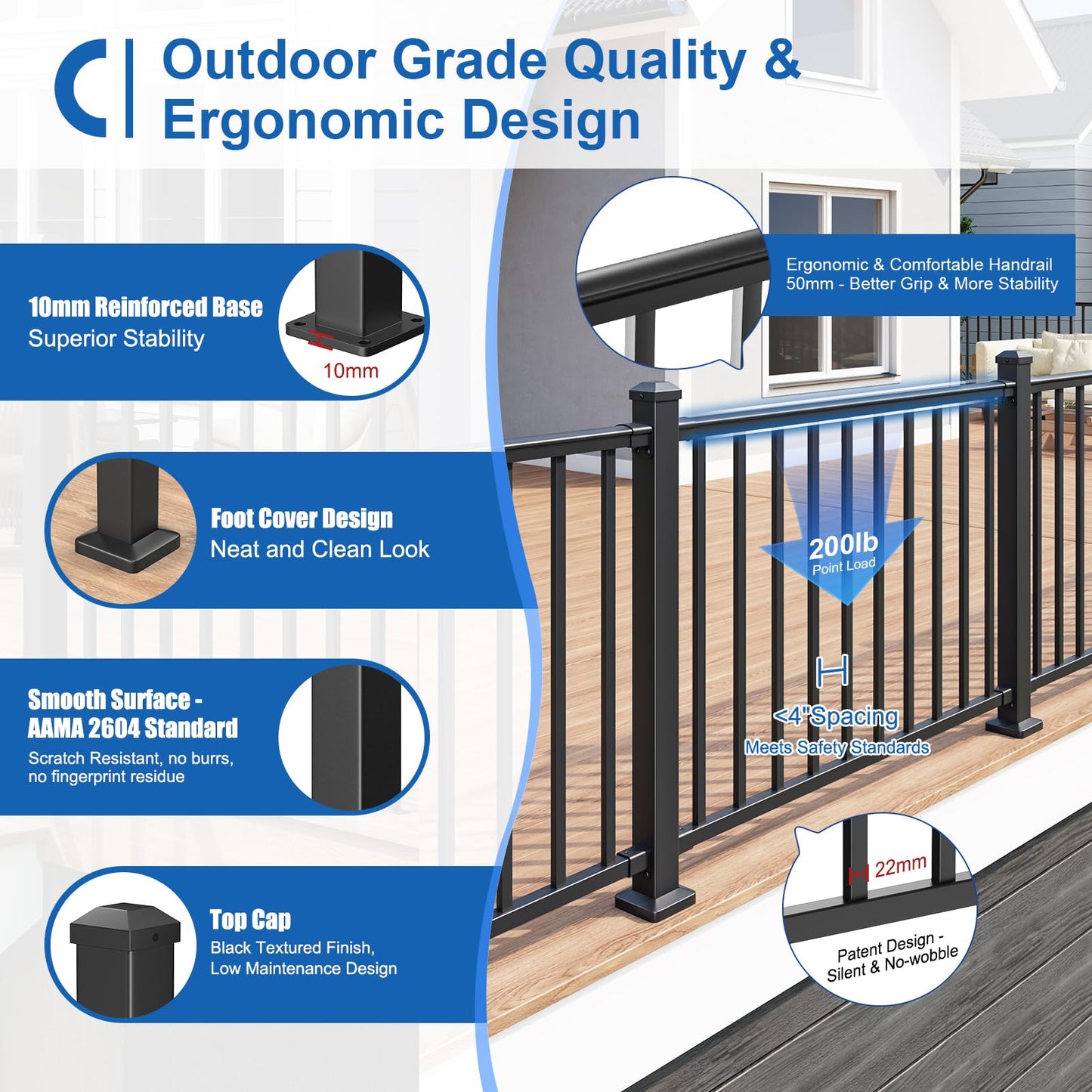 CKE 36 in. H x 8 ft. W Porch and Deck Railing Kit with Post, Aluminum Railing Kit, AAMA 2604 Black Textured Powder-Coat Finish Railing System for Outdoor Decks, Porches & Balconies(1 Post, 1 Panel)