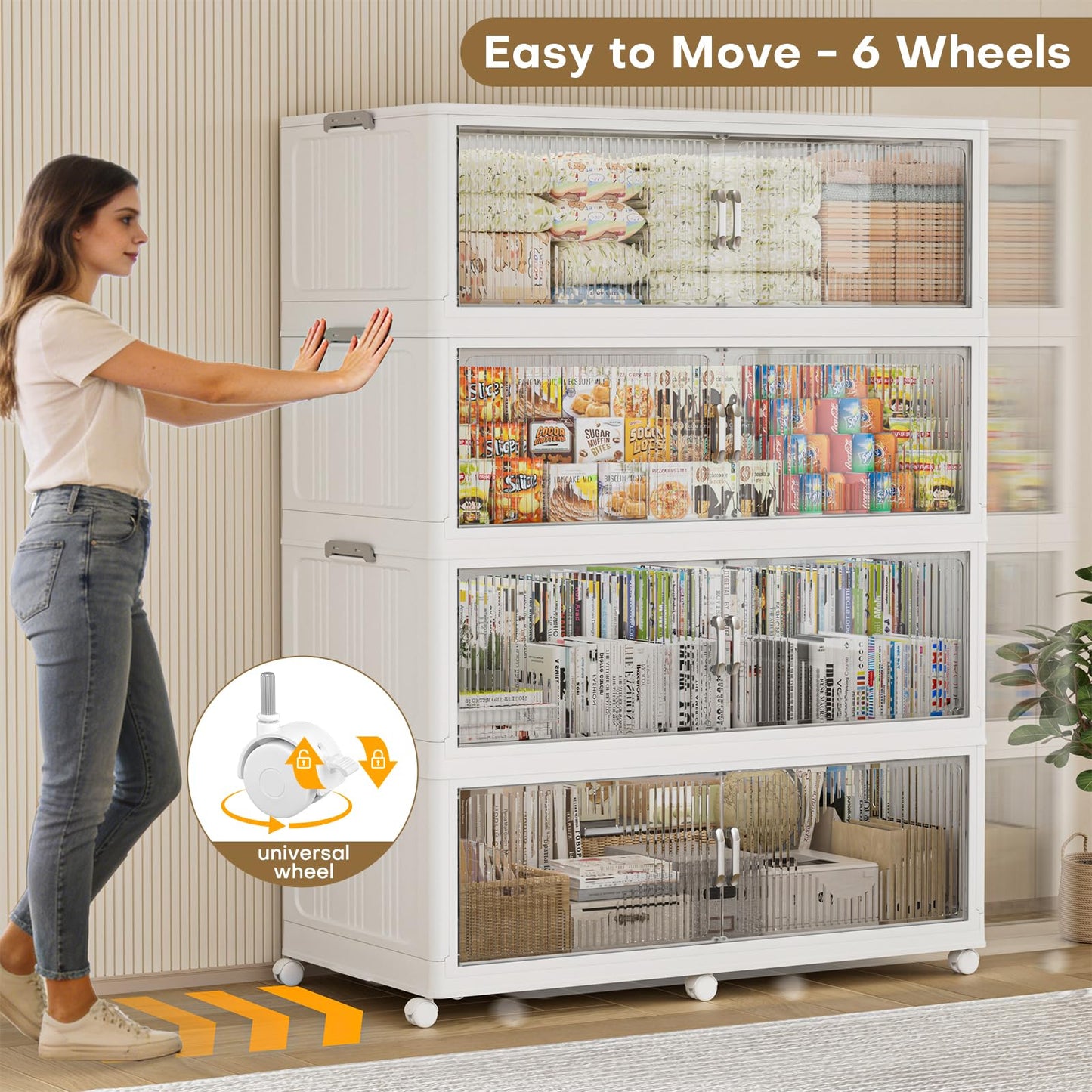 HOCRYPTA 300Gal Extra Large Foldable Storage Organizer with Lid, 1200QT Stackable Plastic Storage Bins with Clear Magnetic Doors & Wheels, for Bedroom Garage Closet Kitchen Dorm Home,5‑Pack