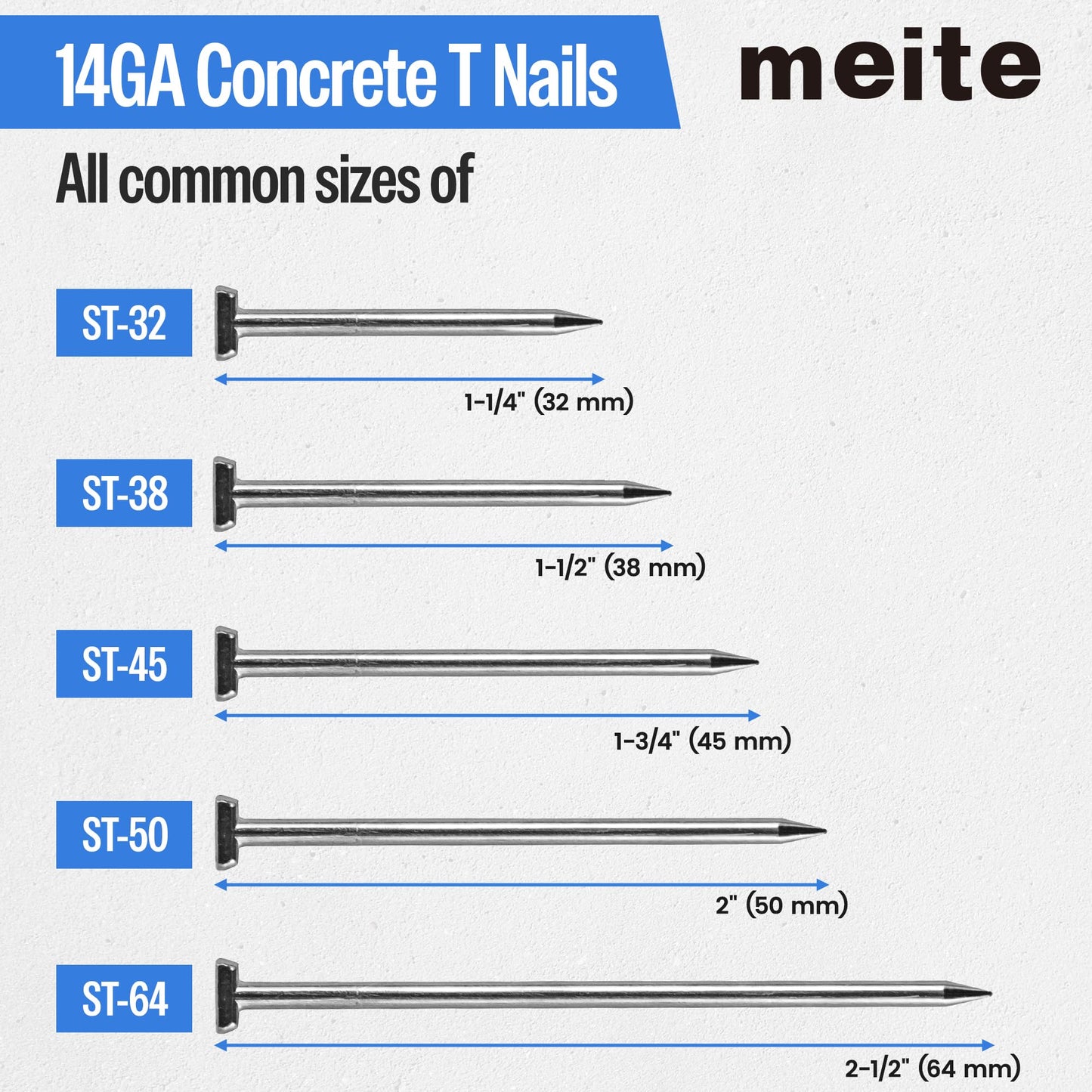 meite ST64L Concrete Nail Gun with 14 Gauge 1-1/4 Inch T Nails, Heavy Duty Pneumatic Concrete T-Nailer Gun for Wood-to-Concrete Projects, 100PCS Magazine