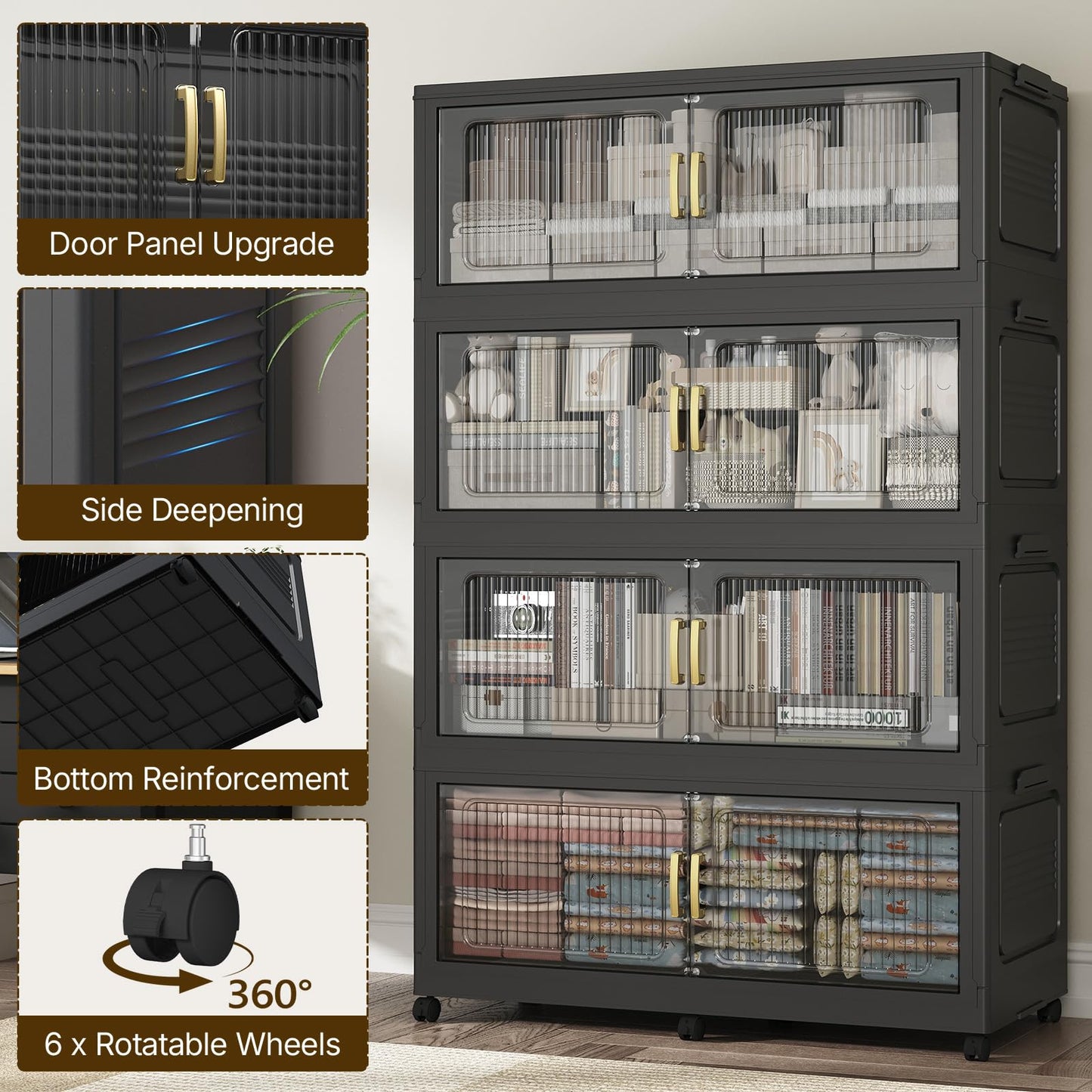 ARXYNEL Extra Large Stackable Storage Bins with Lid, 350Gal/1400QT Foldable Collapsible Storage Box with Doors, Wheels and Drawers, Plastic Closet Organizer Container for Kitchen, Bedroom, Dorm, 5Pack